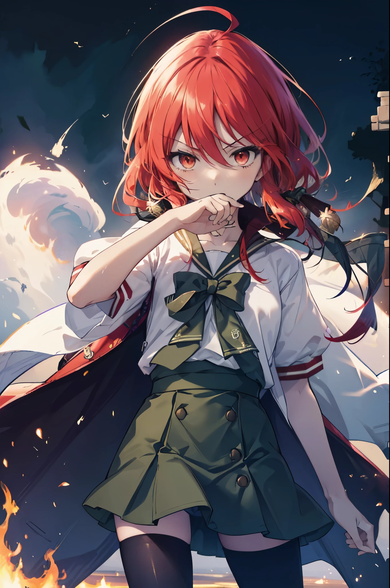 1 girl, cowboy shot, rubble ruins, anger, (battle preparation:1.2), open your mouth, (night:1.2), explosive inflammation,shana, red eyes, redhead, very long hair, hair between eyes, (Ahoge:1.1), , school uniform, serafuku, white shirt, short sleeve, green skirt, Thighhighs, black rider suit,He has a Japanese sword wrapped in flames in his left hand.,While wiping your mouth with your right hand,highest quality, masterpiece, High resolution, 