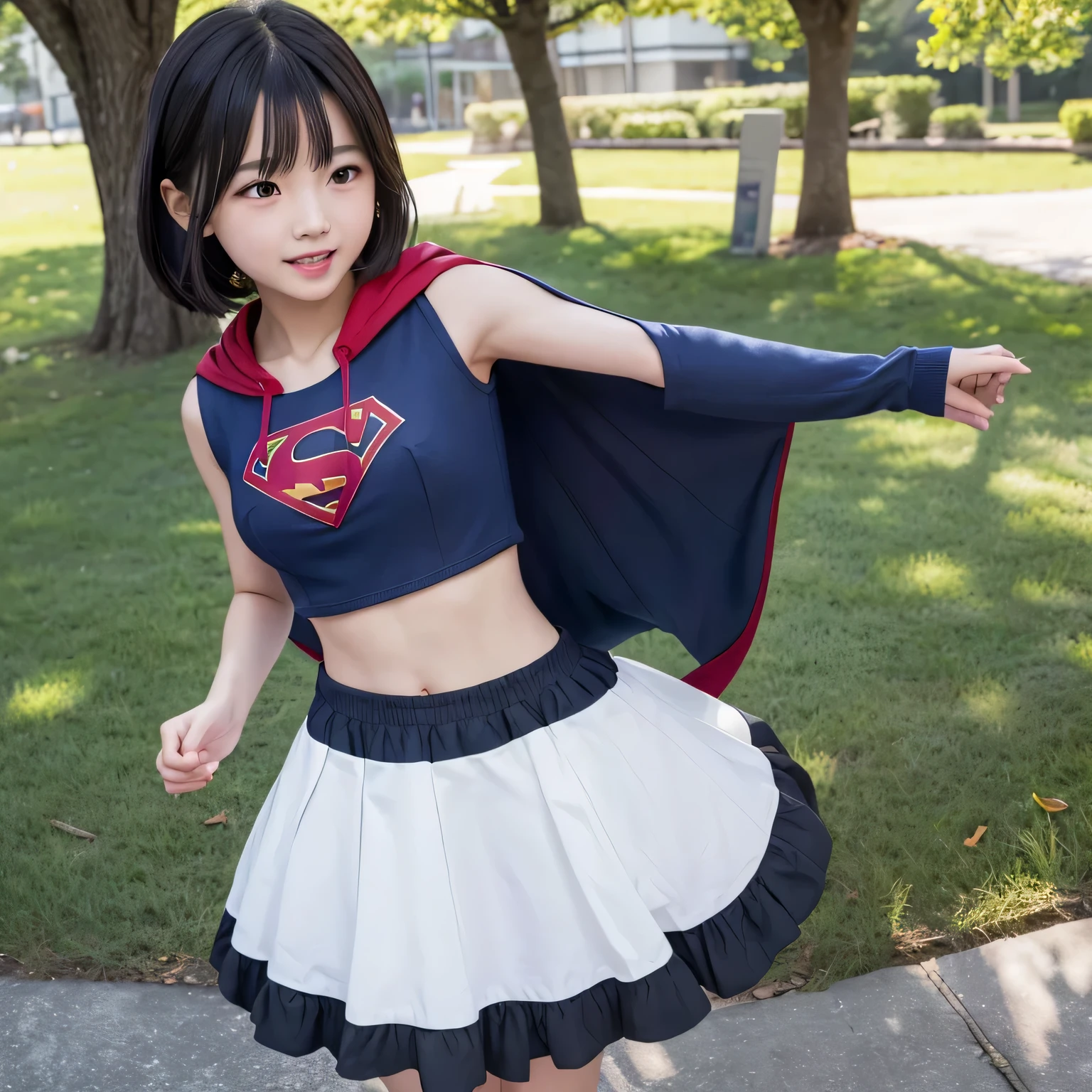 A very elementary school student is wearing Supergirl clothes..、masterpiece、highest quality、Spreading black hair、bob cut with trimmed ends、con、red cloak、short sleeve、belly button、A lot of shining heart particles are dancing in the air、Standing right next to a big cherry tree、(whole body)、smiling mouth、blush、(whole body)、(Holding the letter in my hand to my chest)、(Having a Love Letter)