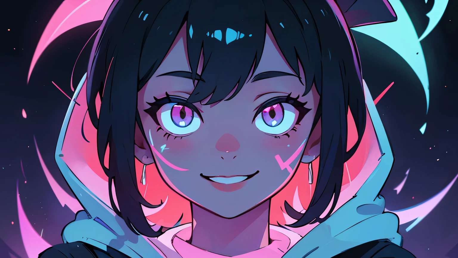 ((best quality)), ((masterpiece)), (detailed), perfect face, detailed background, masterpiece, best quality, smile, ornament, hoodie, portrait, blue neon, graffiti, dark, night, glowing eyes, blacklight
