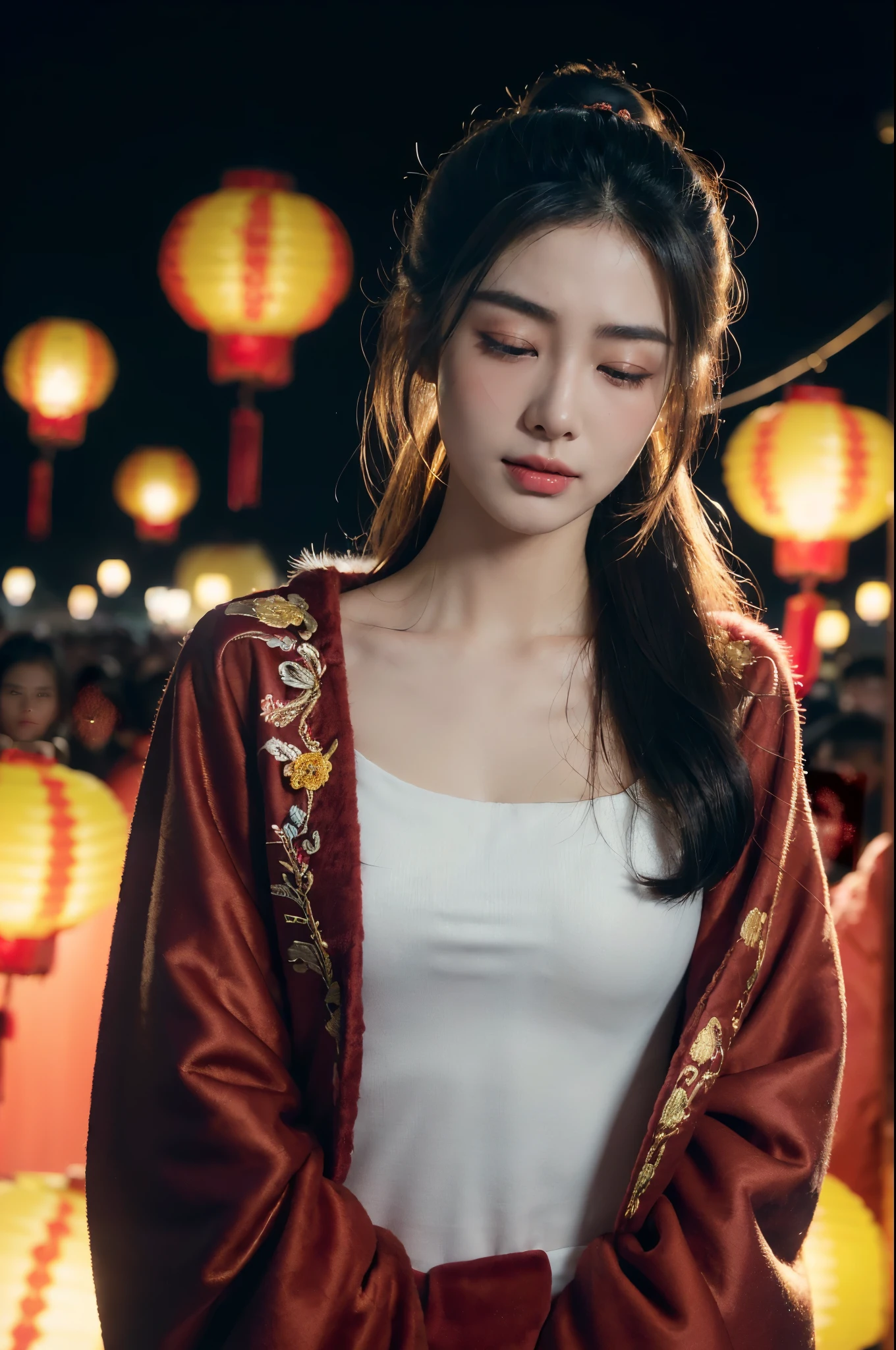 ((((8k))),((Extremely meticulous CG)) ,(wallpaper),16k,((Extremely refined and beautiful)),(((Masterpiece))),(((best qualtiy))),(((Ultra High Resolution))),beautiful light up,Perfect lightning,realistic shaded,[A high resolution],(Smooth and flawless fair skin:1.5),(pale skin:1.3),Extremely exquisite facial details,(perfect body:1.1),ultra-detailed,A beautiful girl,solo,(small head:1.2),(short ponytail:1.1),(small face:1.2),Exquisite makeup,(close eyes:1.5),(open mouth:1.5),(yawning:1.3),(female orgasmic:1.3),(blush:1.3),(ahegao:1.3),(flat chests:1.2),((slim,thin)),happy,(smile:1.2),(fur collar:1.2),(Gorgeous Exquisitely embroidered fur edged red robe:1.5),(red hakama:1.2),(night scene:1.3),(outdoor:1.2),(On the street:1.3),(In ancient Chinese town:1.3),(neon lights:1.3),(detailed background:1.5),(standing:1.3),(arms behind back:1.3),(close-up of upper body:1.3),(from front:1.3),(surrounded by crowded crowds:1.5),(winter:1.3),(many Kongming lanterns floating in the sky:1.3)