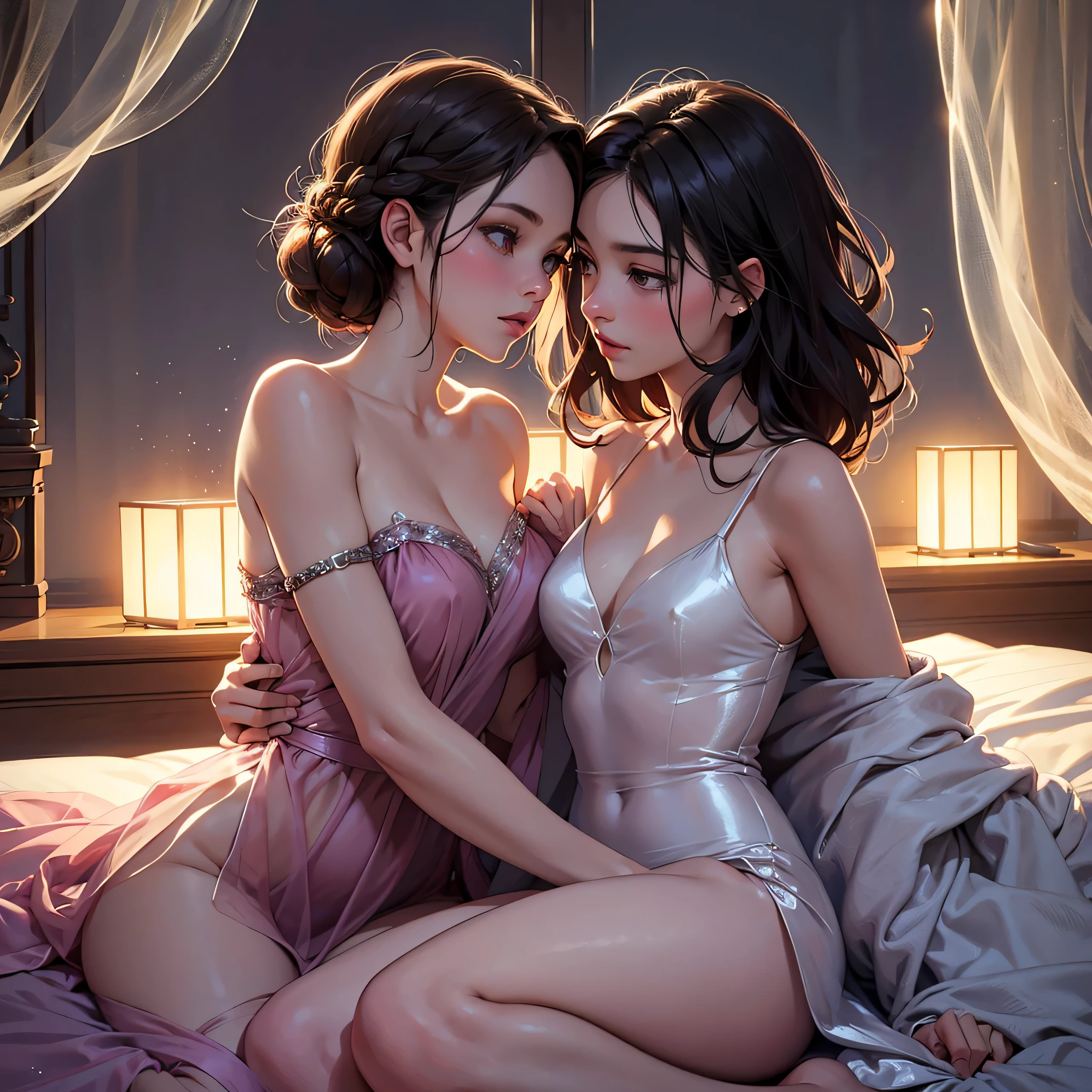 two girl making love,(bright lighting,romantic setting),dreamy background,bondage,dark hair, mesmerizing gaze, , soft skin, alluring beauty, artistic portrait, high-quality image, vibrant colors, long silk gown, in the bed, mosquito net