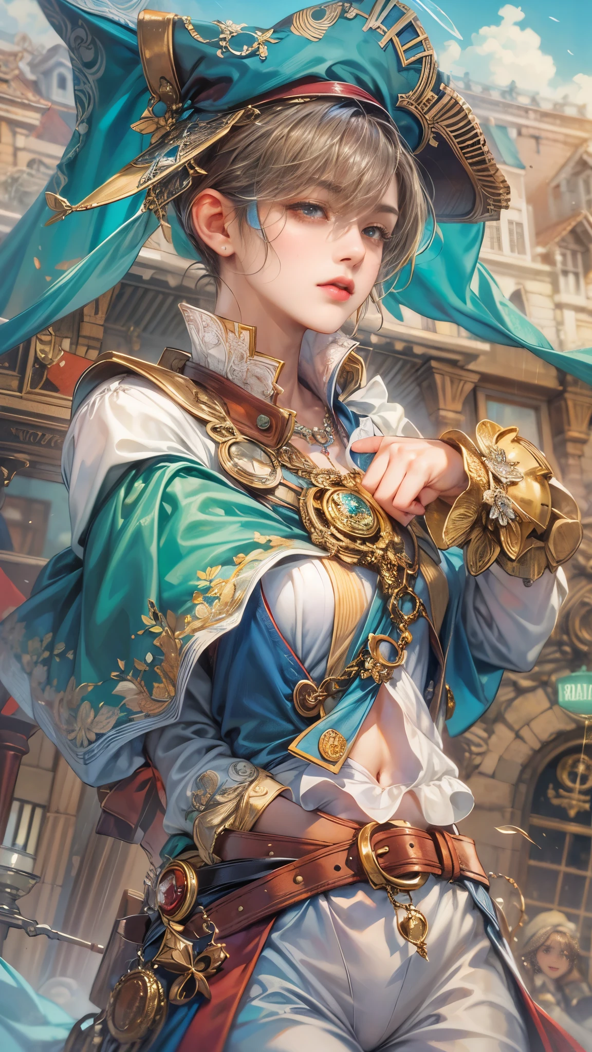 (absurdres, highres, ultra detailed, HDR), masterpiece, intricate details, best quality close-up picture of a character from Ragnarok Online, a character with handsome looks, korean face, sapphire hair, short hair, anime yellow eyes, matured , pirate outfit showing chest, crop top, detailed town of prontera background, festive scenery, detailed character, art kenouji