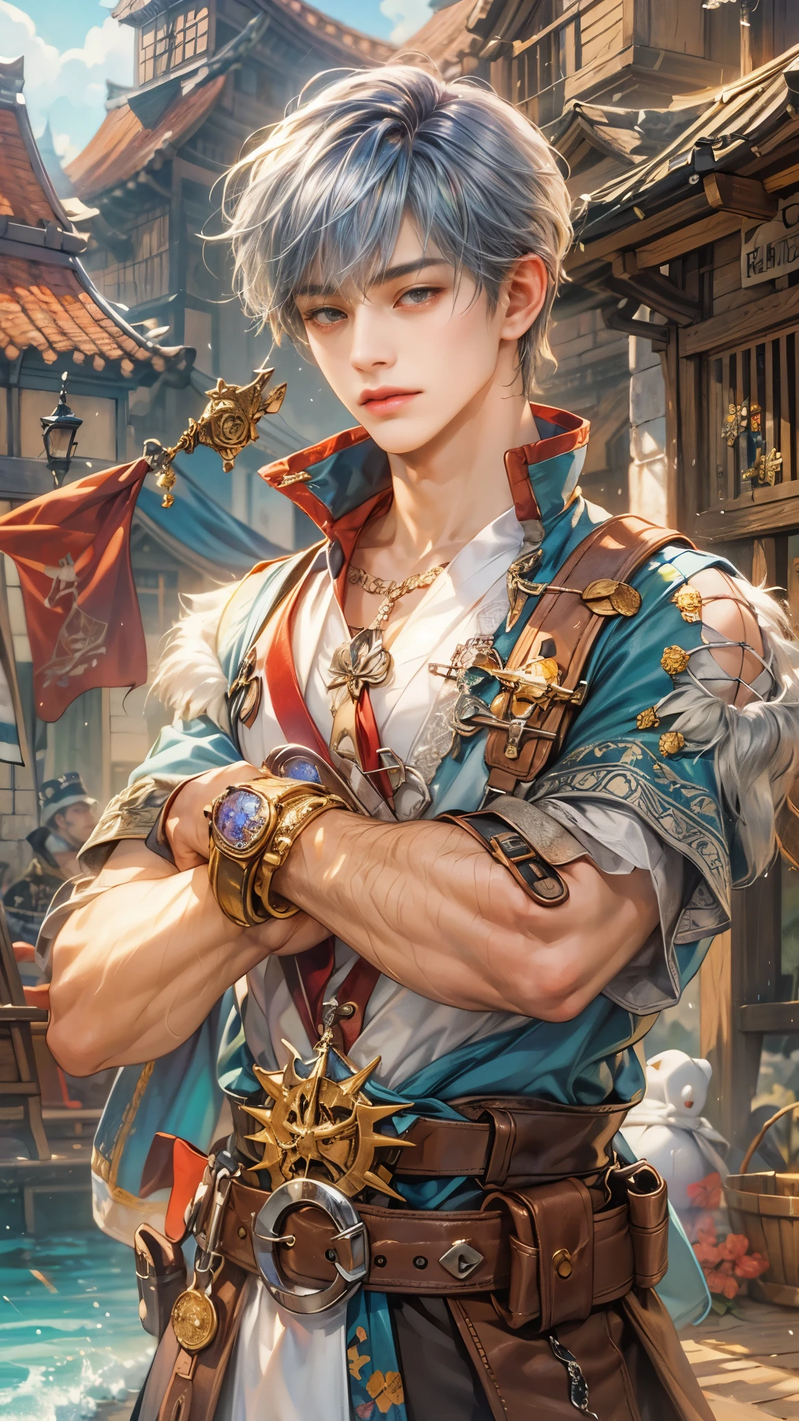 (absurdres, highres, ultra detailed, HDR), masterpiece, intricate details, best quality close-up picture of a character from Ragnarok Online, a character with handsome looks, korean face, sapphire hair, short hair, anime yellow eyes, matured teen, pirate outfit showing chest, crop top, detailed town of prontera background, festive scenery, detailed character, art kenouji