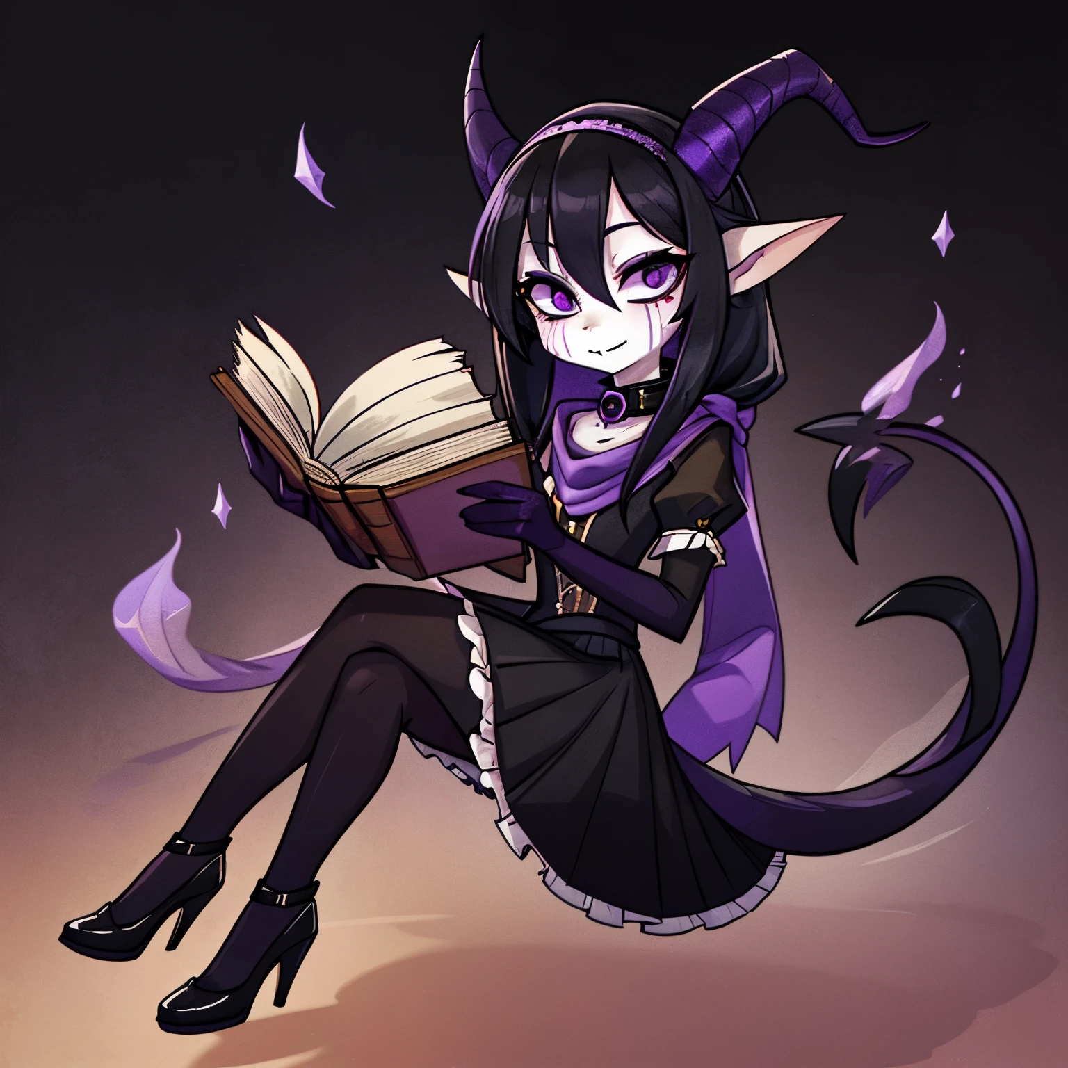 A mysterious and elegant female demon with dark purple skin, long and straight black hair, and violet eyes. She has a pair of book-shaped horns on her head, a book-shaped tail, and ink stains on her face and body. She wears a black and purple dress with a high collar and a long skirt, black shoes and gloves, and a purple scarf and hat. She also carries a wine glass filled with ink and a book with a pen on it. ((solo)), ((1character))