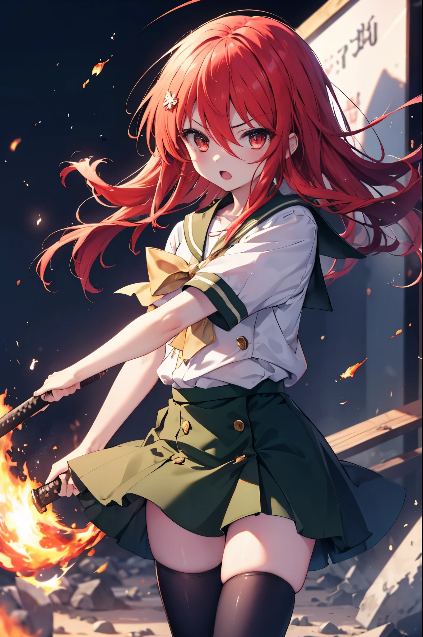 1 girl, cowboy shot, rubble ruins, anger, (battle preparation:1.2), open your mouth, (night:1.2), explosive inflammation,shana, red eyes, redhead, very long hair, hair between eyes, (Ahoge:1.1), , school uniform, serafuku, white shirt, short sleeve, green skirt, Thighhighs, black rider suit,He has a Japanese sword wrapped in flames in his left hand.,highest quality, masterpiece, High resolution, 