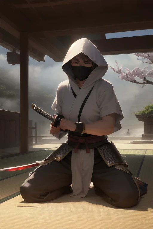 best quality,ultra-detailed,realistic,samurai,warrior,katana,samurai armor,hood,mask,determined expression,Japanese traditional,black and white,contrast,tatami floor,foggy background,cherry blossoms,strong shadows,misty atmosphere,lone samurai,stoic posture,ancient temple,powerful stance,endless battle,fallen enemies,sunrise,epic landscape,dynamic composition,dramatic lighting,noble warrior,serene samurai,sword fighting,life and death,ancient wisdom,legendary hero,unyielding spirit,traditional calligraphy,vivid colors,brush strokes,ethereal beauty,unwavering loyalty,timeless legend