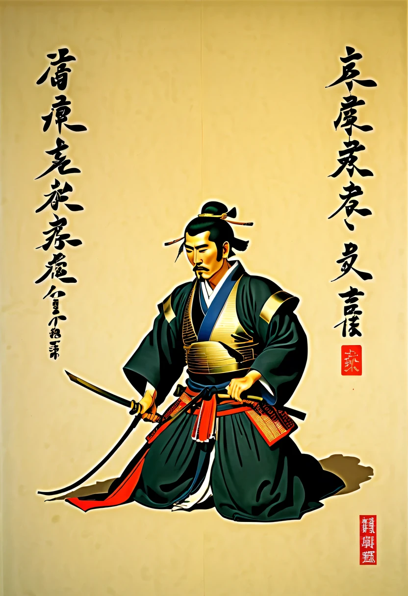 Japanese，(kneel:1.5)，Daimyo，shogunate，loyalty，obey，sacrifice，dedication，warrior