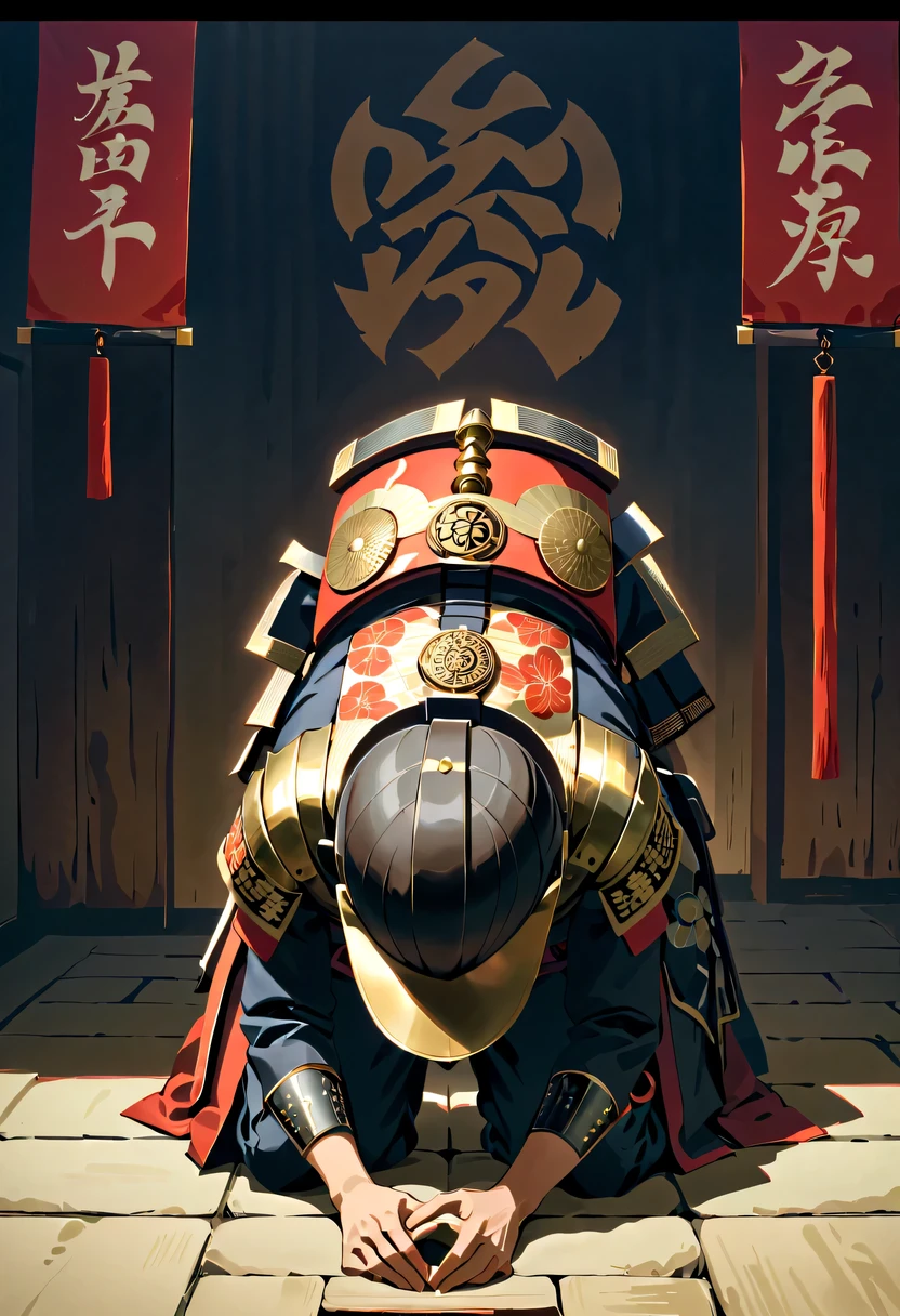 Japanese，(kneel:1.5)，Daimyo，shogunate，loyalty，obey，sacrifice，dedication，warrior