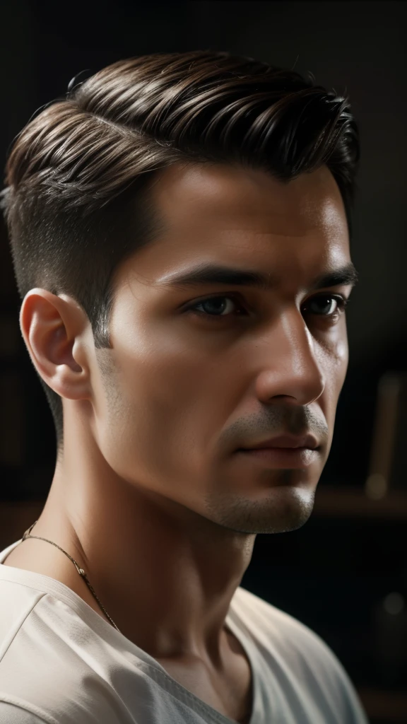 A man with natural, unaltered skin stands before the camera, his upper body exposed in this masterpiece of best quality: 1.3. His short undercut hair frames his face, creating an intriguing contrast as the soft lighting kisses his features. The scene is captured in 8k Ultra High Definition, the Fujifilm XT3 DSLR carefully documenting every detail in this photorealistic painting art by Midjourney and Greg Rutkowski. The film grain adds a unique and authentic texture, the Fujifilm XT3 faithfully preserving each pore, wrinkle, and stitch of the man's clothing.