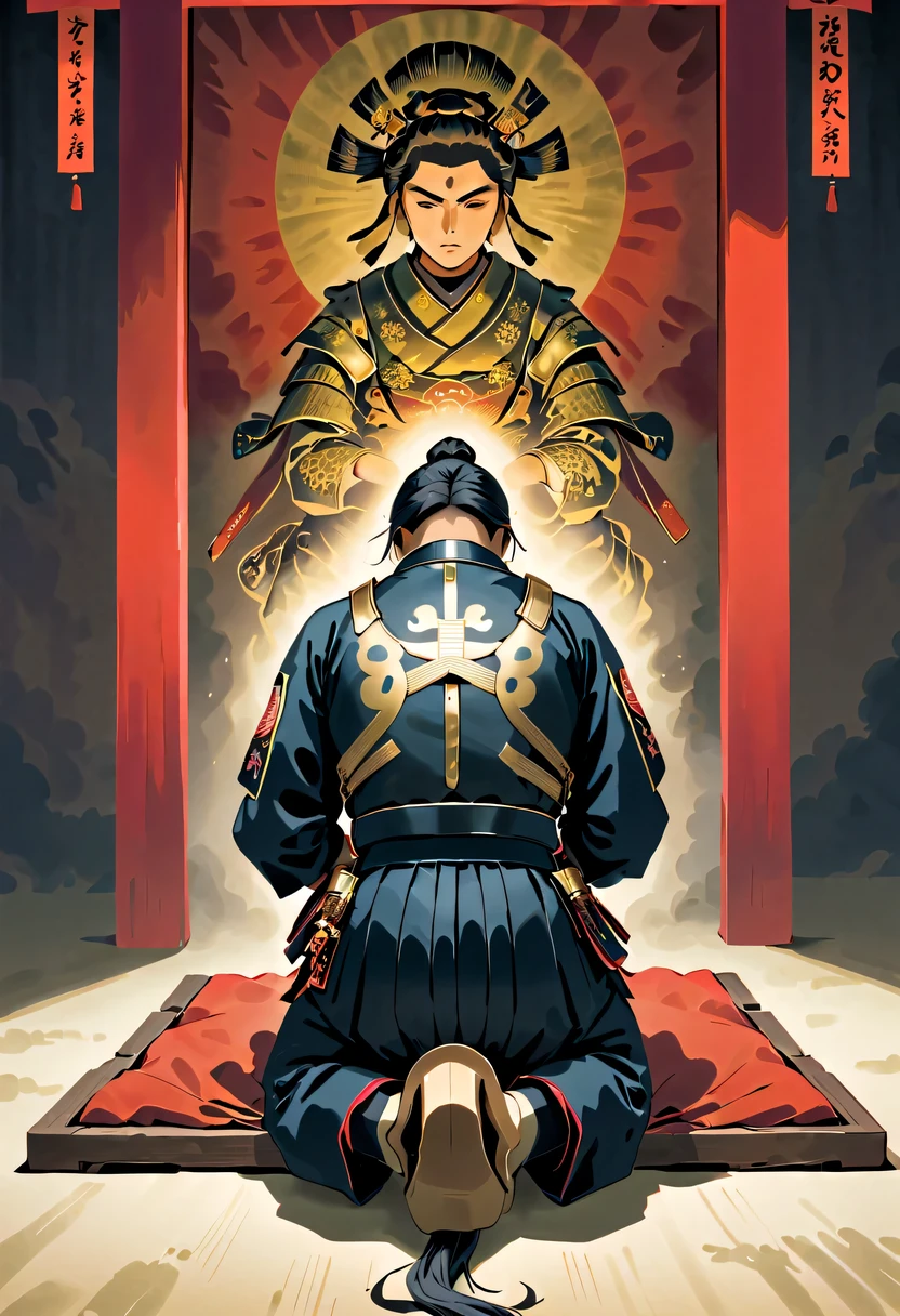 Japanese，(kneel:1.5)，Daimyo，shogunate，loyalty，obey，sacrifice，dedication，warrior
