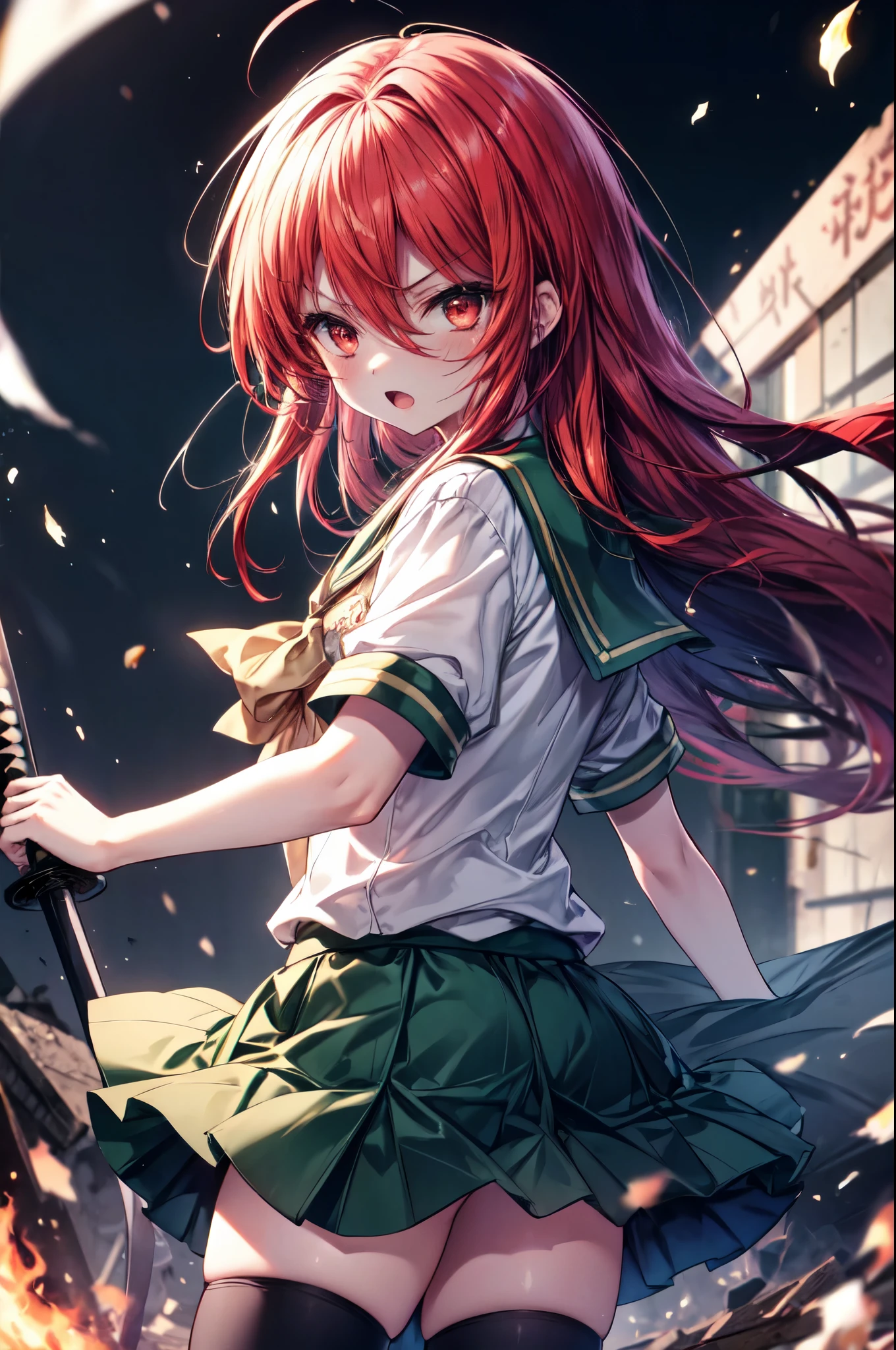 1 girl, cowboy shot, rubble ruins, anger, (battle preparation:1.2), open your mouth, (night:1.2), explosive inflammation,shana, red eyes, redhead, very long hair, hair between eyes, (Ahoge:1.1), , school uniform, serafuku, white shirt, short sleeve, green skirt, Thighhighs, black rider suit,He has a Japanese sword wrapped in flames in his left hand.,highest quality, masterpiece, High resolution, 