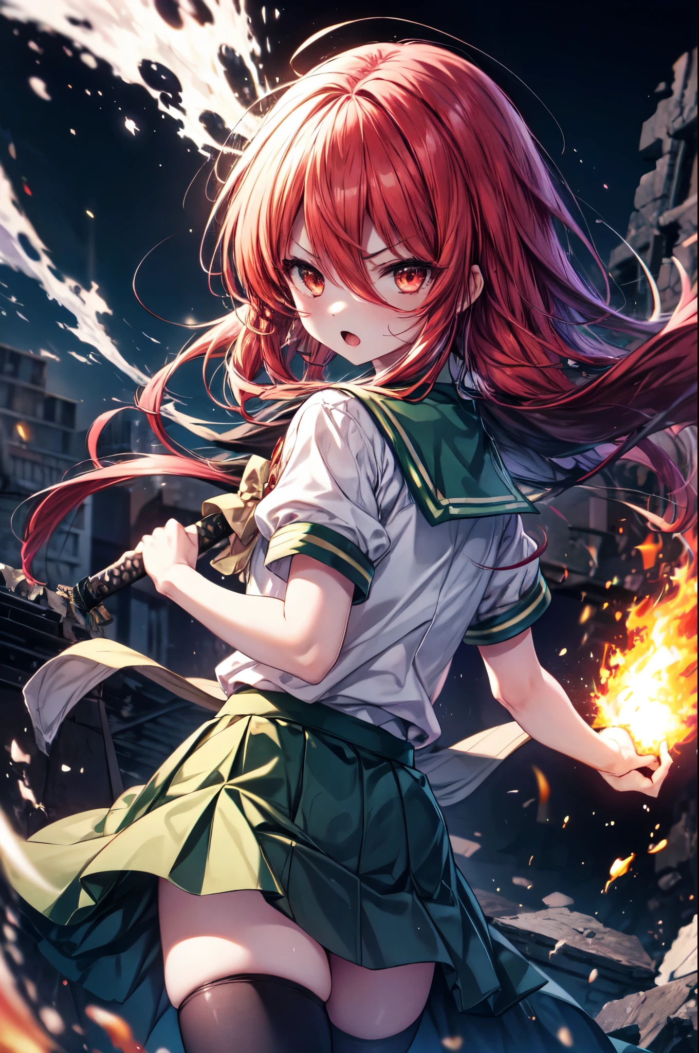 1 girl, cowboy shot, rubble ruins, anger, (battle preparation:1.2), open your mouth, (night:1.2), explosive inflammation,shana, red eyes, redhead, very long hair, hair between eyes, (Ahoge:1.1), , school uniform, serafuku, white shirt, short sleeve, green skirt, Thighhighs, black rider suit,He has a Japanese sword wrapped in flames in his left hand.,highest quality, masterpiece, High resolution, 