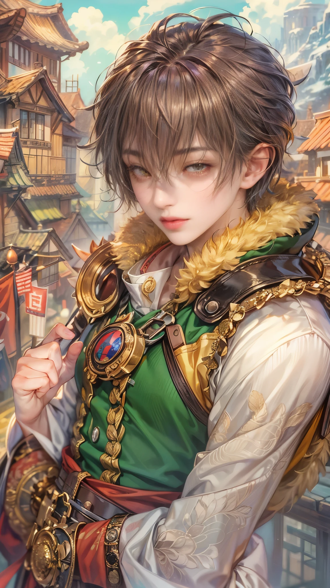 (absurdres, highres, ultra detailed, HDR), masterpiece, intricate details, best quality close-up picture of a character from Ragnarok Online, a character with handsome looks, korean face, obsidian hair, short hair, anime yellow eyes, matured teen, rogue outfit showing chest, crop top, detailed town of prontera background, festive scenery, detailed character, art kenouji