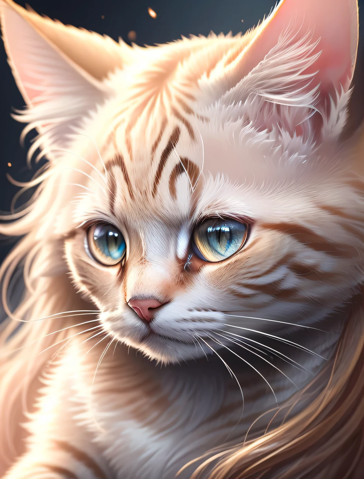 Cat,Cat,white long hair Cat,Head close-up,8k,high resolution,best quality,high detail,masterpiece,Detailed face,facial close-up,golden light,pink decoration,dream illustration,fantasy style