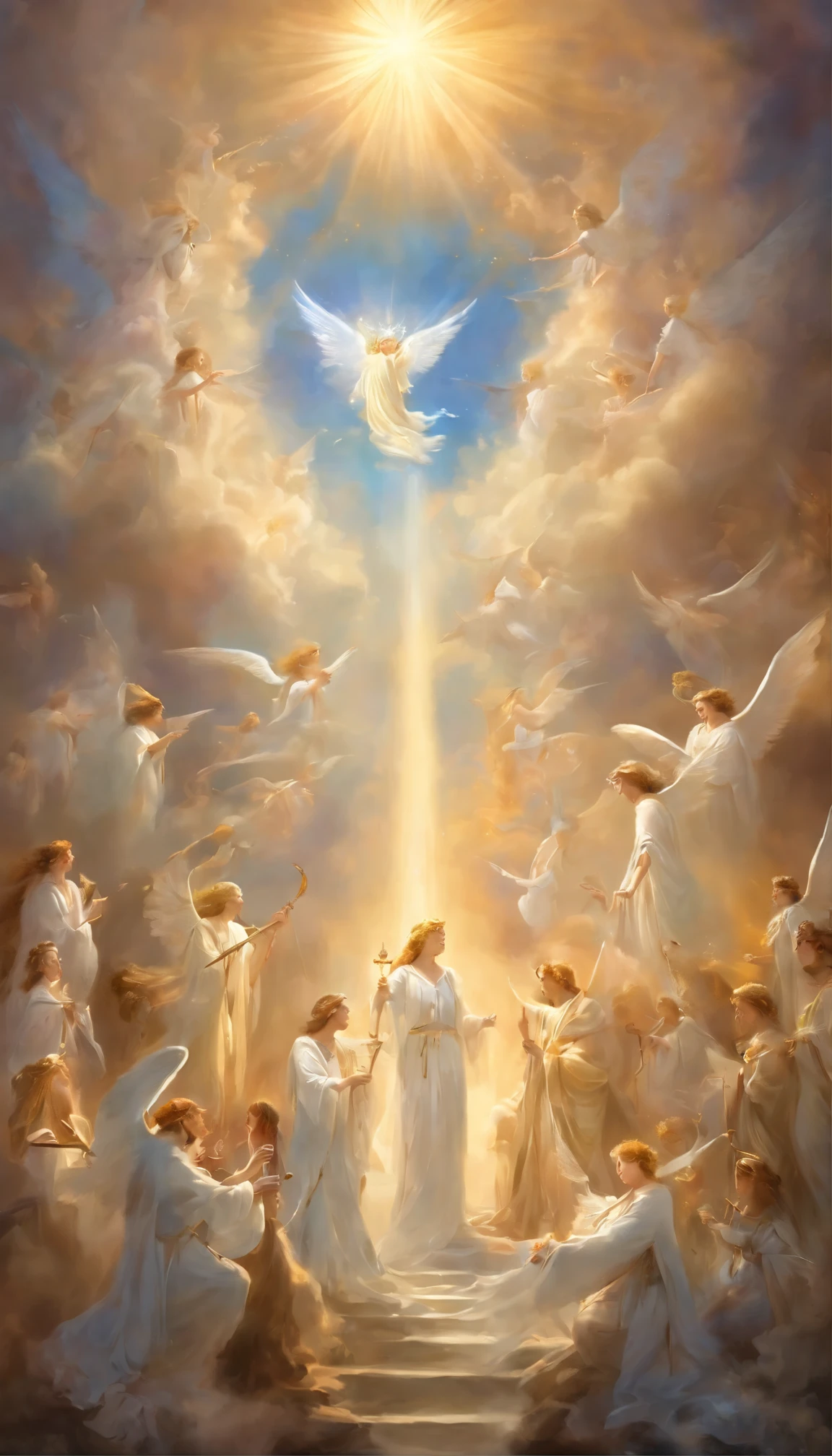 A scene of angels playing trumpets in the sky. (best quality,4k,8k,highres,masterpiece:1.2),ultra-detailed,(realistic,photorealistic,photo-realistic:1.37), vibrant colors, heavenly atmosphere, exquisite clouds, divine light, serene facial expressions, intricate feathered wings, celestial music, ethereal glow, golden aura, harmonious composition, angelic choir in the background, radiant halos, majestic trumpets, graceful postures, serene expressions, translucent robes, heavenly rays of light, soft and gentle breeze, serene and peaceful backdrop.