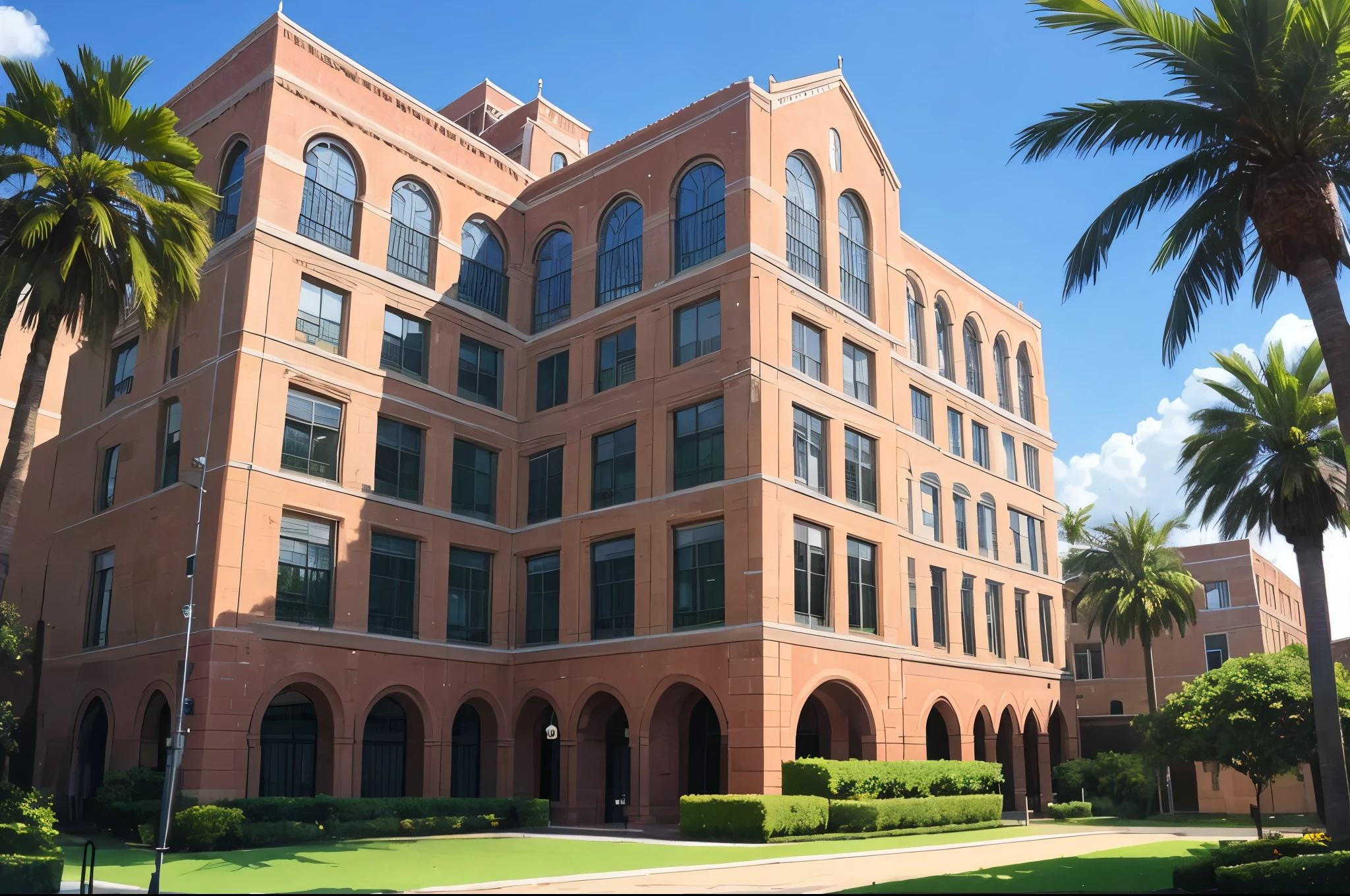 arafed view of a large brick building with palm trees in front, tally hall, private school, university, college, high school, cal-arts, huge towering magical university, exterior shot, full - view, highschool background, lisa kristine, frontview, from the front, madenning knowlege, lush surroundings, a middle-shot from front