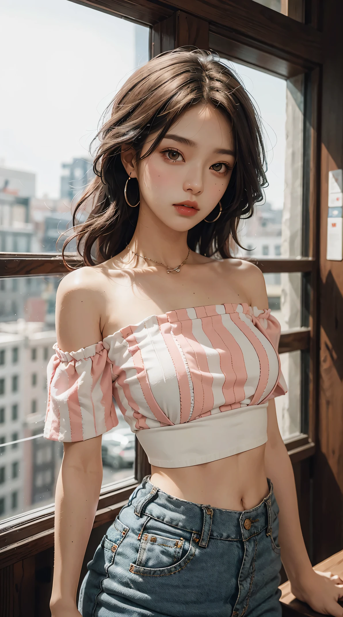 best quality,masterpiece,ultra high resolution,(Fidelity:1.4),original photo,1 girl,peach blossom eyes,crop top,pink off the shoulder,Light
