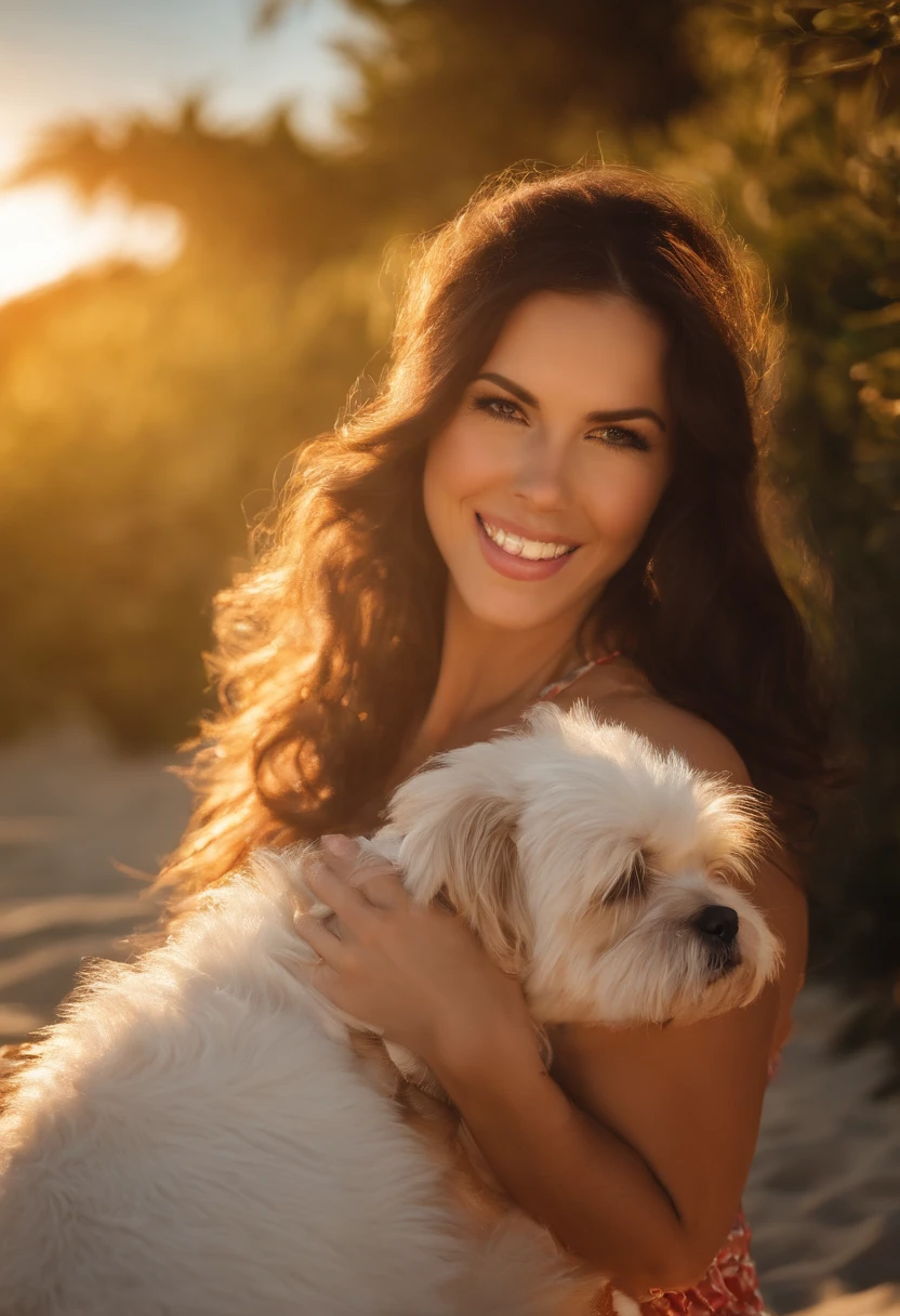 a 50 year old white woman, model type with very short black pixie hair, clean eyes, light dress, sitting on the beach in the Algarve with a Yorkie terrier licking her face