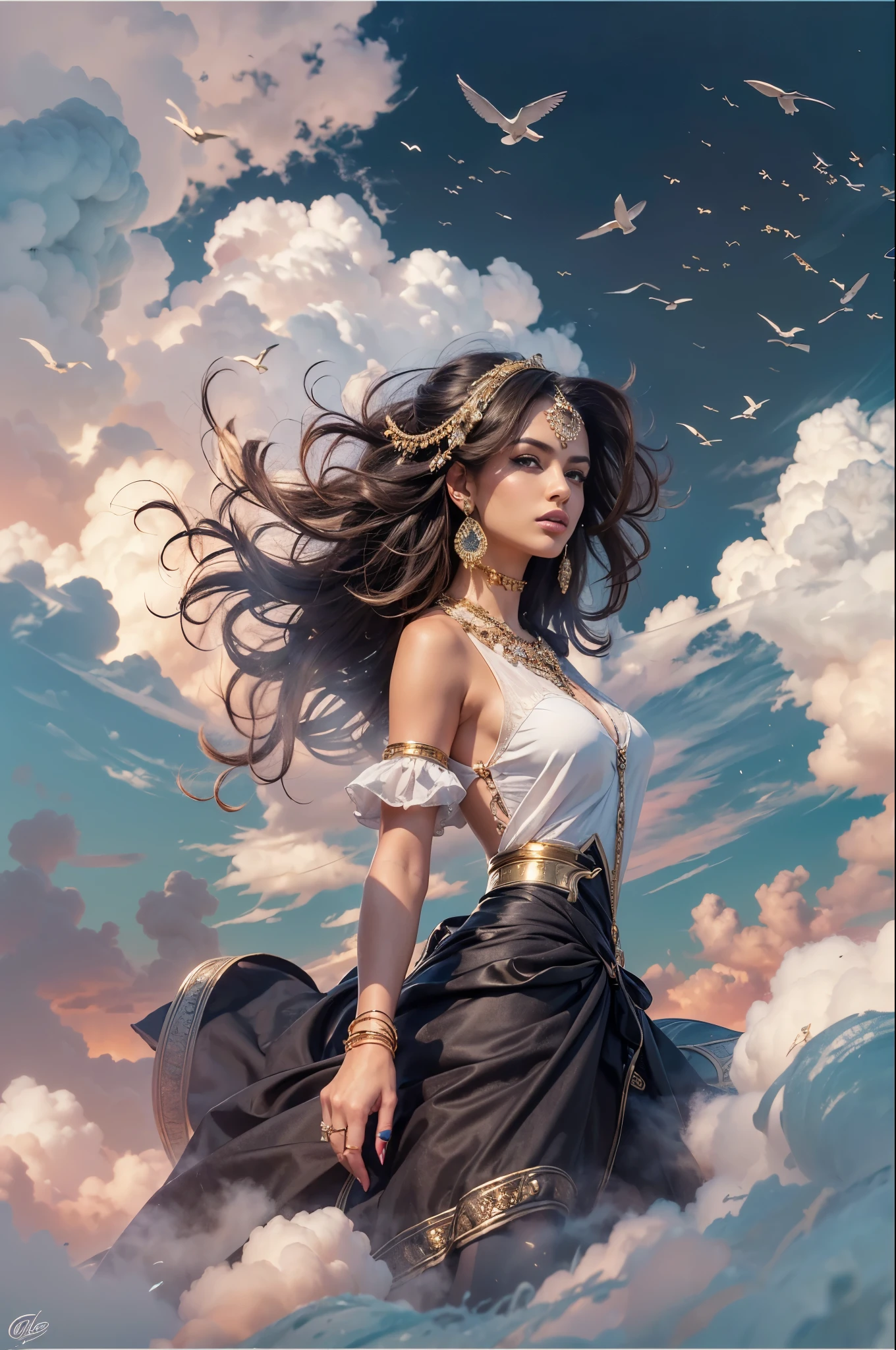 ((best quality, masterpiece, realistic, high detail, perfect perspective, full body:1.2)), 1woman, perfect body, accurate anatomy, correct anatomy, perfect face, perfect eyes, open eyes, big eyes, detailed eyes, brown skin, dark hair, long hair, messy hair, ((laying in the clouds, floating in the clouds, laying back in the clouds, covered in clouds)), sky background, ((wearing elegant black cloth, wearing gold jewelry))