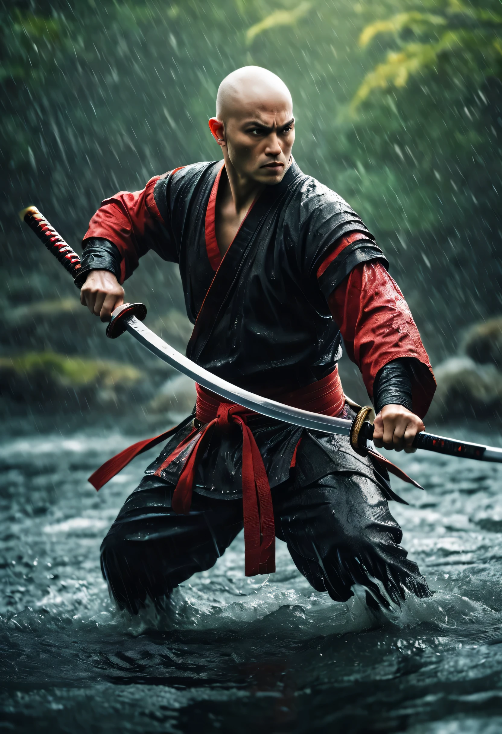 best quality，Ultra-fine，Bald warrior appears in the water ，Katana in hand，fighting，Dodge，avoid，lifelike，photorealism：1.37），bright colors，clear focus，Defocused，（fantasy：1.2），（mystical landscapes），（dynamic poses：1.37），（intense gaze），（Extraordinary power），（the power of myth），black and red，rainy day，Wounds on the body，splash
