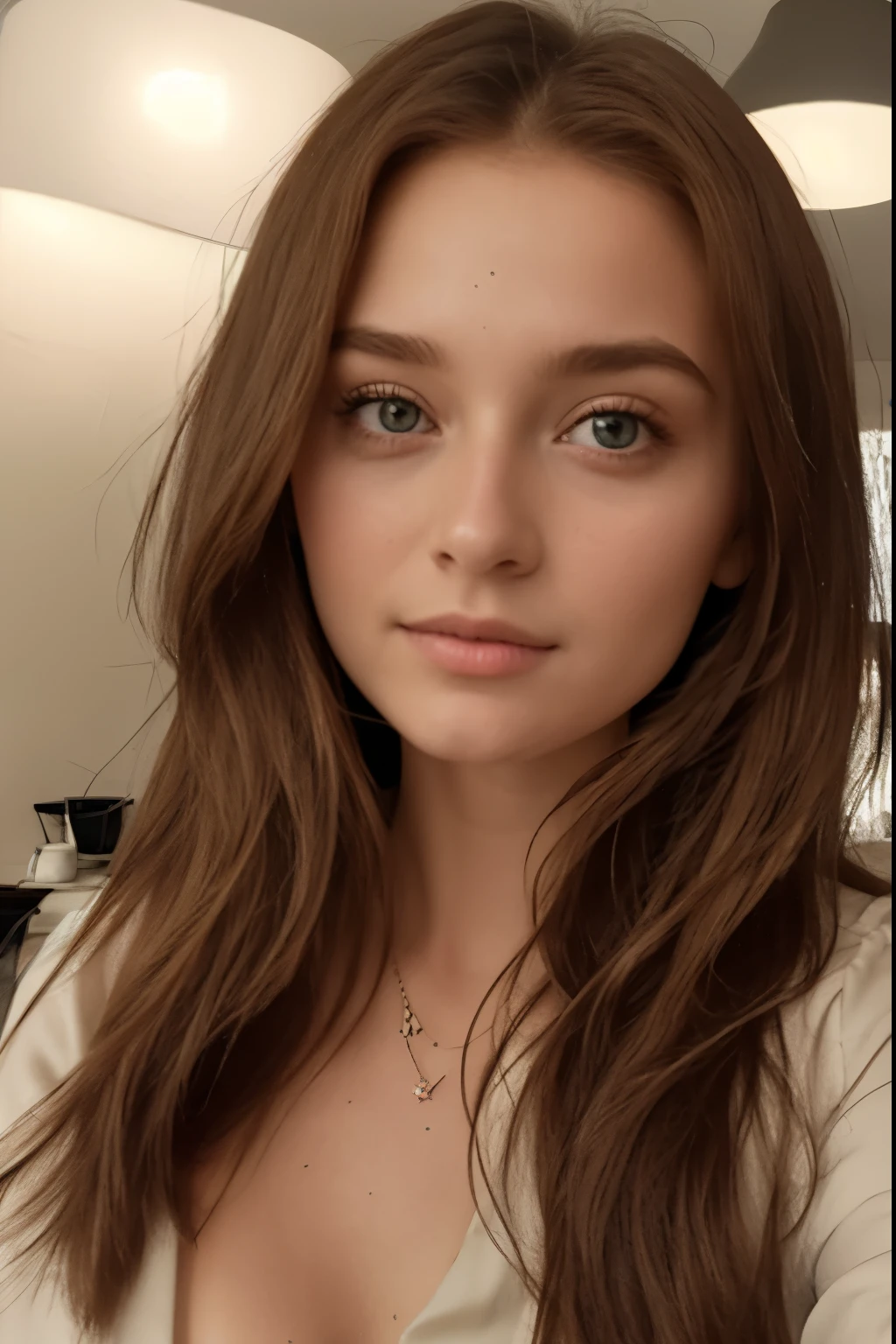 Vor einem Spiegel 8K-Selfie-Foto, Soft Portrait Shot 8K, 2 4 Jahre altes weibliches Model, Selfie direkt im Winkel aufgenommen, direkt in die Kamera schauen, Portrait of Sophie Mudd, Sie steht vor der Kamera, 19 year old girl, brown hair and big eyes, perfektes Gesicht )