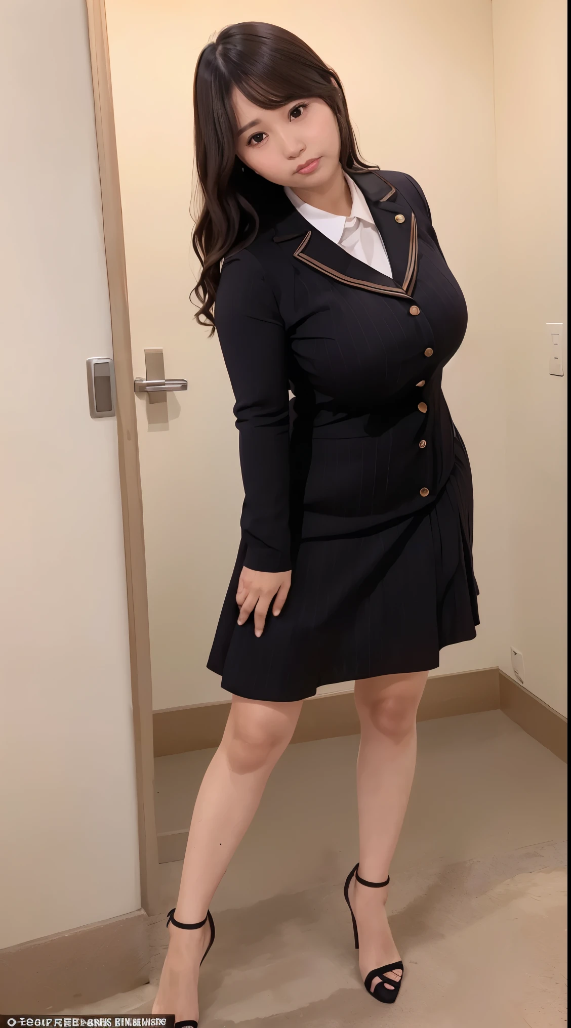 japanese id, mature woman, ((Chubby round face around 40)), glasses, Wavy black hair without bangs, medium long hair, ponytail, flashy makeup, plump lips, sexy gaze, uniform, ((dressing)), looking at camera, Low angle shooting, pretty duck mouth,((very accurate and correct anatomy)),  (masterpiece:1.3), perfect proportions, realistic pictures, full shot, whole body, (Height: 148cm), high heels