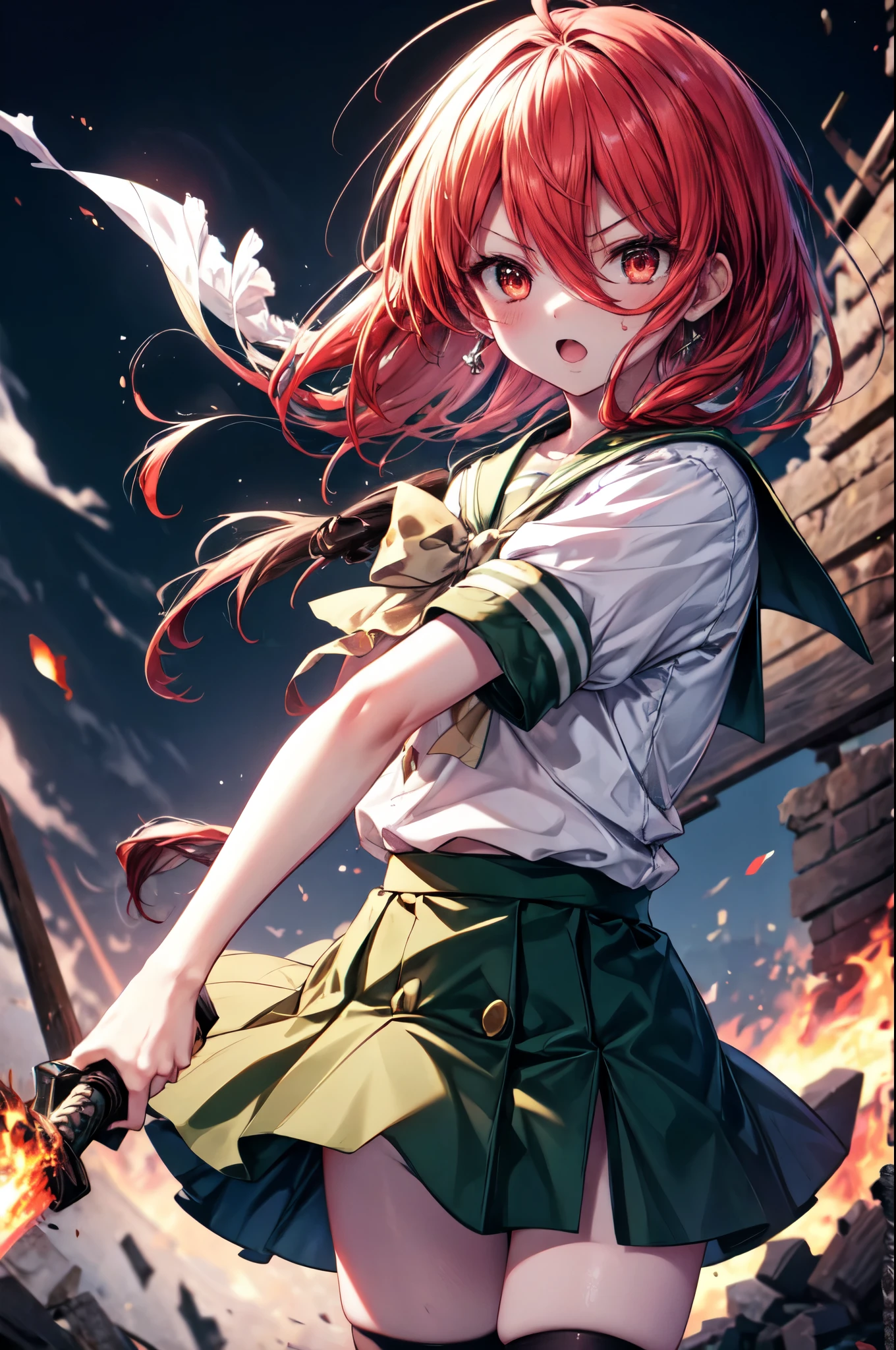 1 girl, cowboy shot, rubble ruins, anger, (battle preparation:1.2), open your mouth, (night:1.2), explosive inflammation,shana, red eyes, redhead, very long hair, hair between eyes, (Ahoge:1.1), , school uniform, serafuku, white shirt, short sleeve, green skirt, Thighhighs, black rider suit,In his left hand he holds a Japanese sword wrapped in flames.,highest quality, masterpiece, High resolution, 