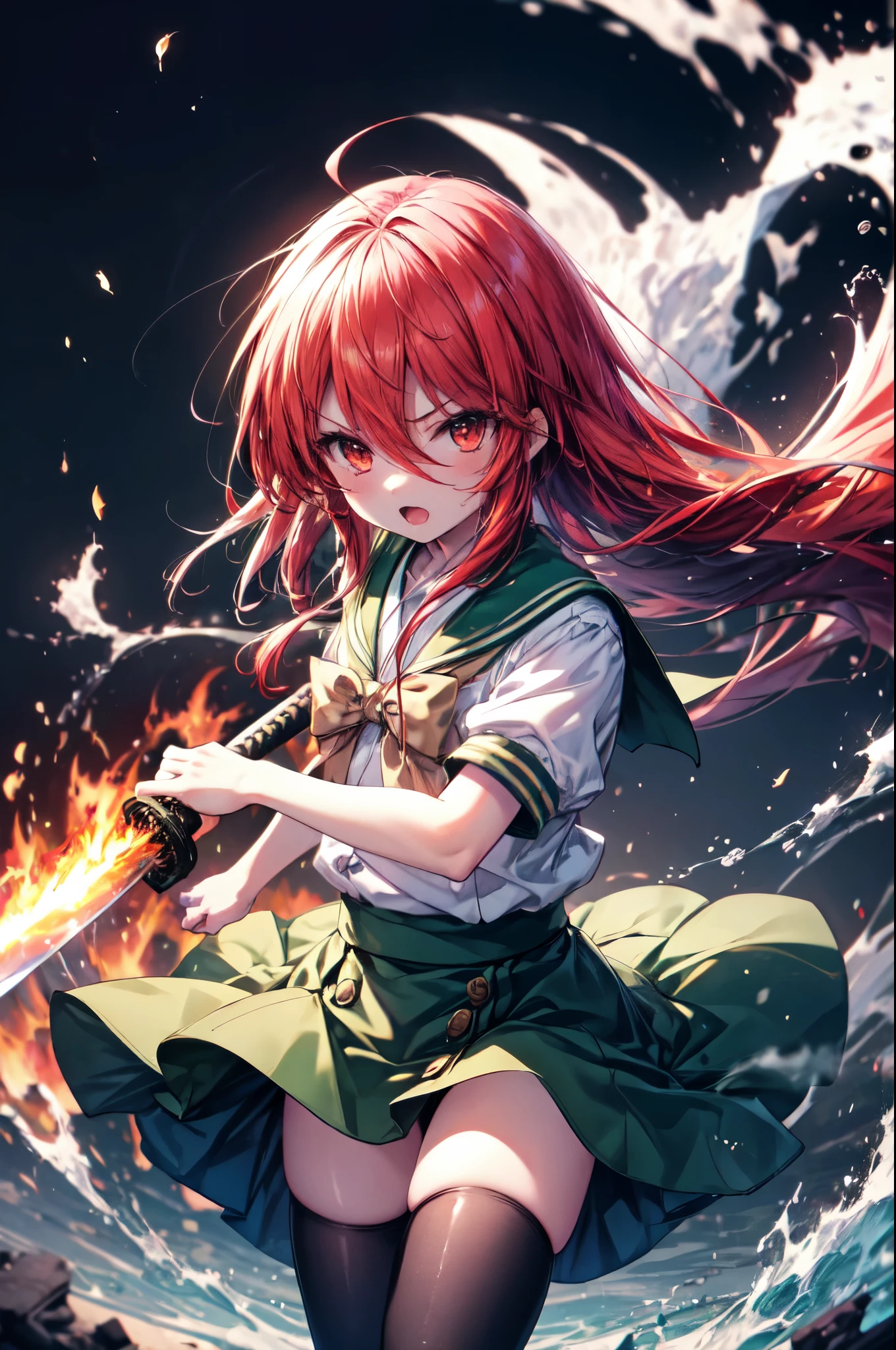 1 girl, cowboy shot, rubble ruins, anger, (battle preparation:1.2), open your mouth, (night:1.2), explosive inflammation,shana, red eyes, redhead, very long hair, hair between eyes, (Ahoge:1.1), , school uniform, serafuku, white shirt, short sleeve, green skirt, Thighhighs, black rider suit,In his left hand he holds a Japanese sword wrapped in flames.,highest quality, masterpiece, High resolution, 