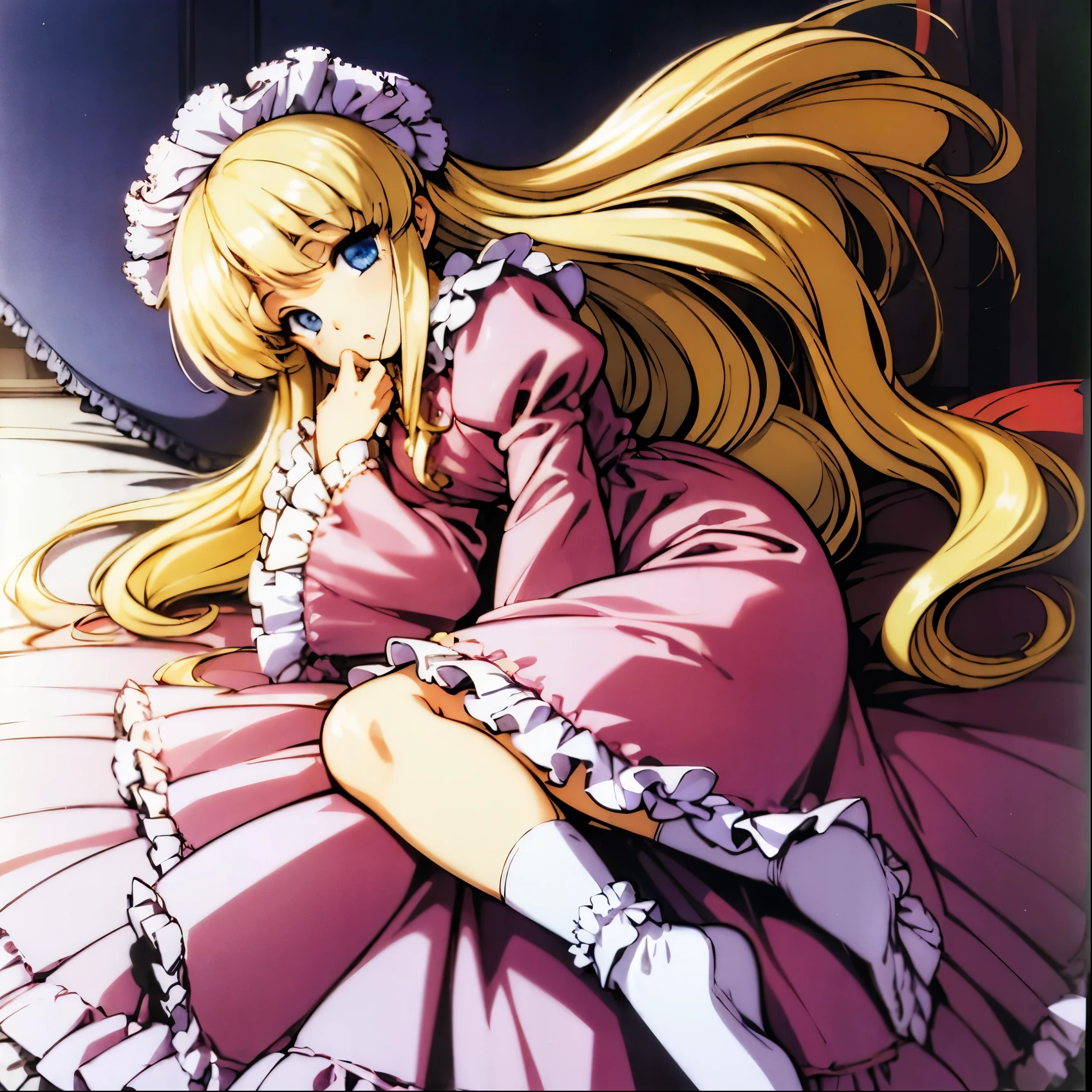 ,highest quality, masterpiece, highest resolution, artwork, super それにget used to it, many get used to it, get used to it, それにget used to it, 3K anime illustration,(( 10 year old girl)),Super detailed baby face,high quality small face,long blonde hair that grows to the waist,blue eyes,白い肌のeuropean,pajamas, european,(((super long blonde hair))),curly hair,blue eyes,((((ピンクのロリータファッションのlong skirtのワンピースドレス)))),((Pink dress with lots of frills and ribbons)),((Luxurious headdress with frills and ribbons)),detailed headdress,,(((big yoke collar))),Yoke collar with ruffles and ribbons,((((long sleeve)))),ruffle sleeves,((((long skirt)))),white ruffle and lace socks,large frill and ribbon pillow,detailed costume,ピンクの贅沢なcanopy bedの上,canopy bed,The bed is surrounded by luxurious curtains,many frilly pillows on the bed,super detailed background,detailed bed,romantic atmosphere,soft pink comforter,soft ruffle pillow,Beautiful girl illustration,detailed beautiful face detailed hair,detailed human eye ,detailed mouth, arm details,fine hands,Detailed pillow,wide bed,Illustration on the bed, ,((((round futon)))),((((A large ruffled futon that covers the entire bed)))),detailed comforter,detailed bedシーツ,
