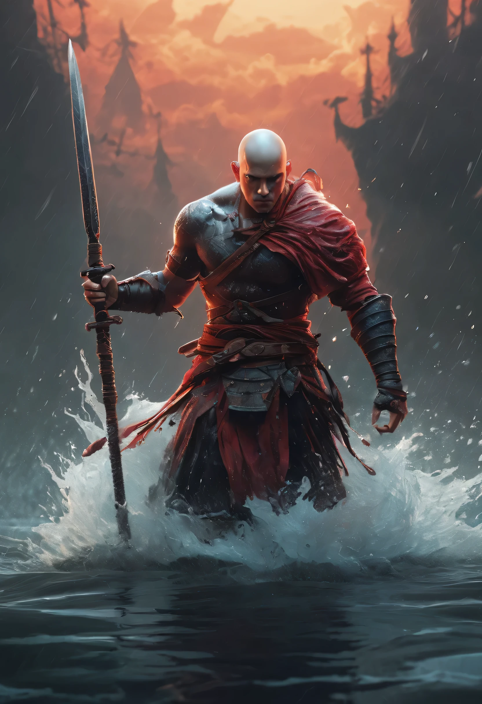 best quality，Ultra-fine，Bald warrior appears in the water ，Katana in hand，fighting，Dodge，avoid，lifelike，photorealism：1.37），bright colors，clear focus，Defocused，（fantasy：1.2），（mystical landscapes），（dynamic poses：1.37），（intense gaze），（Extraordinary power），（the power of myth），black and red，rainy day，Wounds on the body，splash
