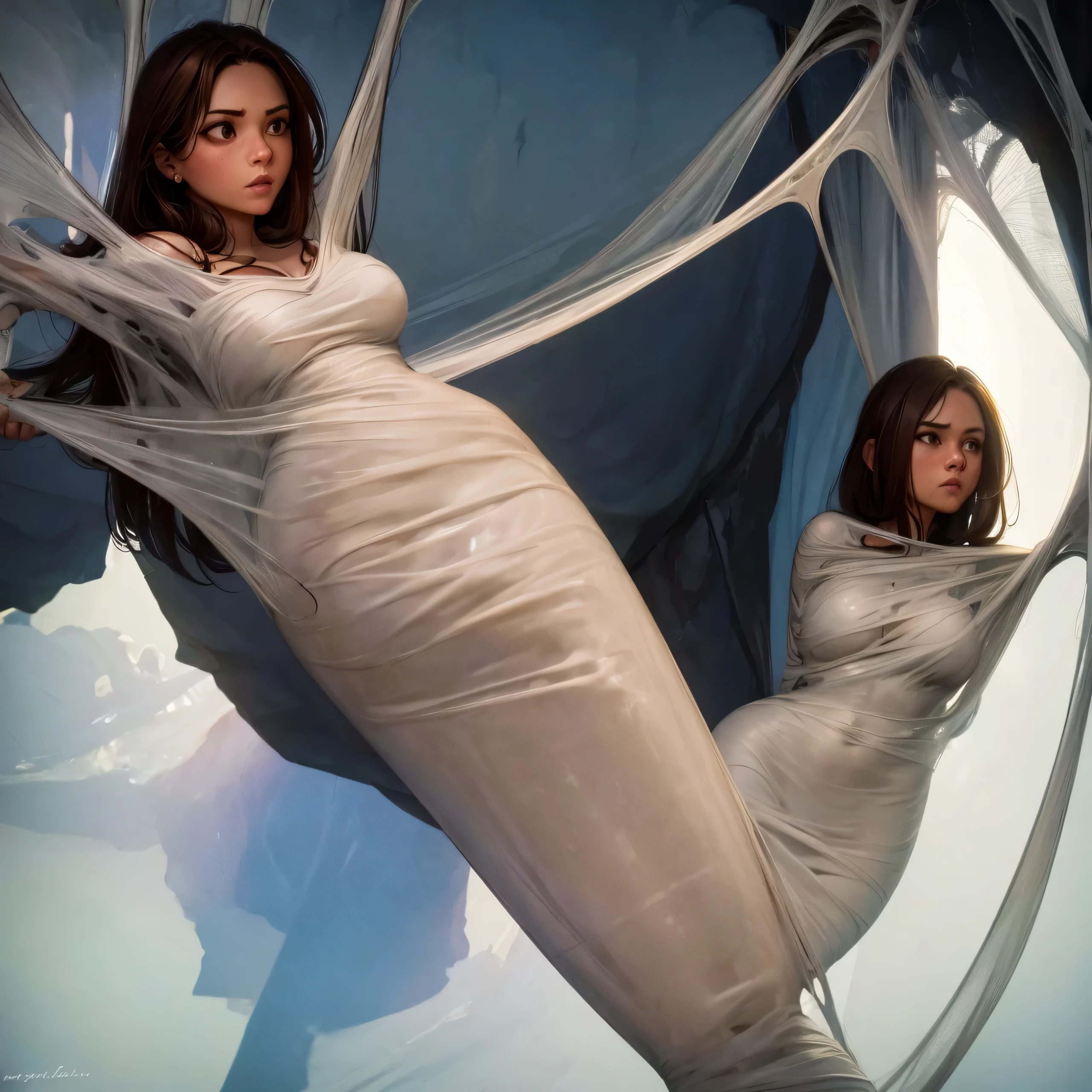 1girl,Spider weaves a net on a girl, very realistic, very detailed,bed,stretched, dark cave, struggle in the net,brown haired, very long sheer dress,hang,green bra
