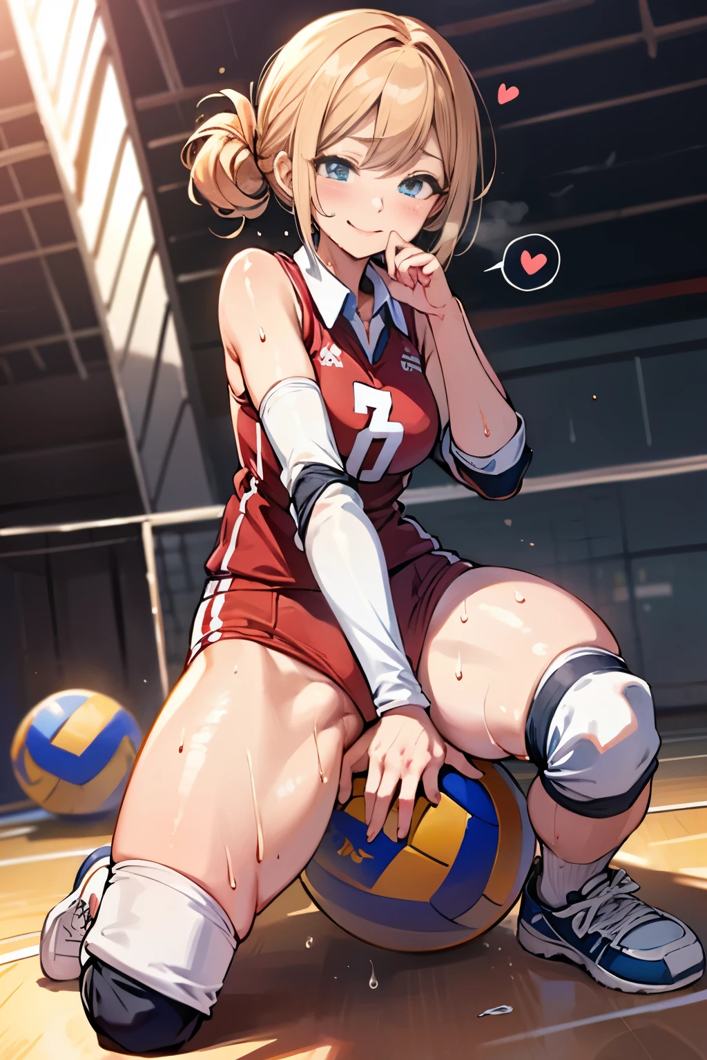 unity 8k wallpaper, anatomically correct, (((masterpiece))), (((best quality))), (((ultra detailed))), (((high-resolution))), ((Ultimate cutie)), perfect hands, perfect finger, (((good anatomy))), detailed beautiful face, shiny hair, (((gyaru))), (potbelly), (curvy), medium breasts, ((Thick thighs)), (((solo))), ((seductive smile)), (((blush))),
BREAK, (((sit astride the perfectly spherical shape 6-inch volleyball))), (((Straddling a perfectly spherical 6" volleyball))), (((Perfectly spherical 6" volleyball fits perfectly crotch))), BREAK, (((Rub the Perfectly spherical 6" volleyball against crotch))), masturbation,
BREAK, (Collared volleyball uniforms), sleeveless, ((buruma)), ((kneepad)), pussy juice stained, (elbow pad), (((sweat))), (((covered in sweat))), ((deep breathing)), in Volleyball Court, indoor, lighting, looking at viewer, full body, (spoken heart)