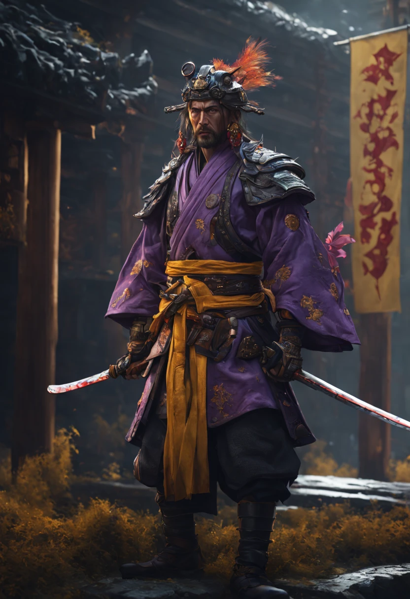 Badass Samurai intricate details, HDR, beautifully shot, hyperrealistic, sharp focus, megapixels, perfect composition, high contrast, cinematic, atmospheric, moody 8k resolution concept art by Greg Rutkowski dynamic lighting hyperdetailed intricately detailed Splash art trending on Artstation triadic colors Unreal Engine 5 volumetric lighting Alphonse Mucha WLOP, a masterpiece, 8k resolution, dark fantasy concept art, by Greg Rutkowski, dynamic lighting, hyperdetailed, intricately detailed, Splash screen art, trending on Artstation, deep color, Unreal Engine, volumetric lighting, Alphonse Mucha, Jordan Grimmer, purple and yellow complementary colours