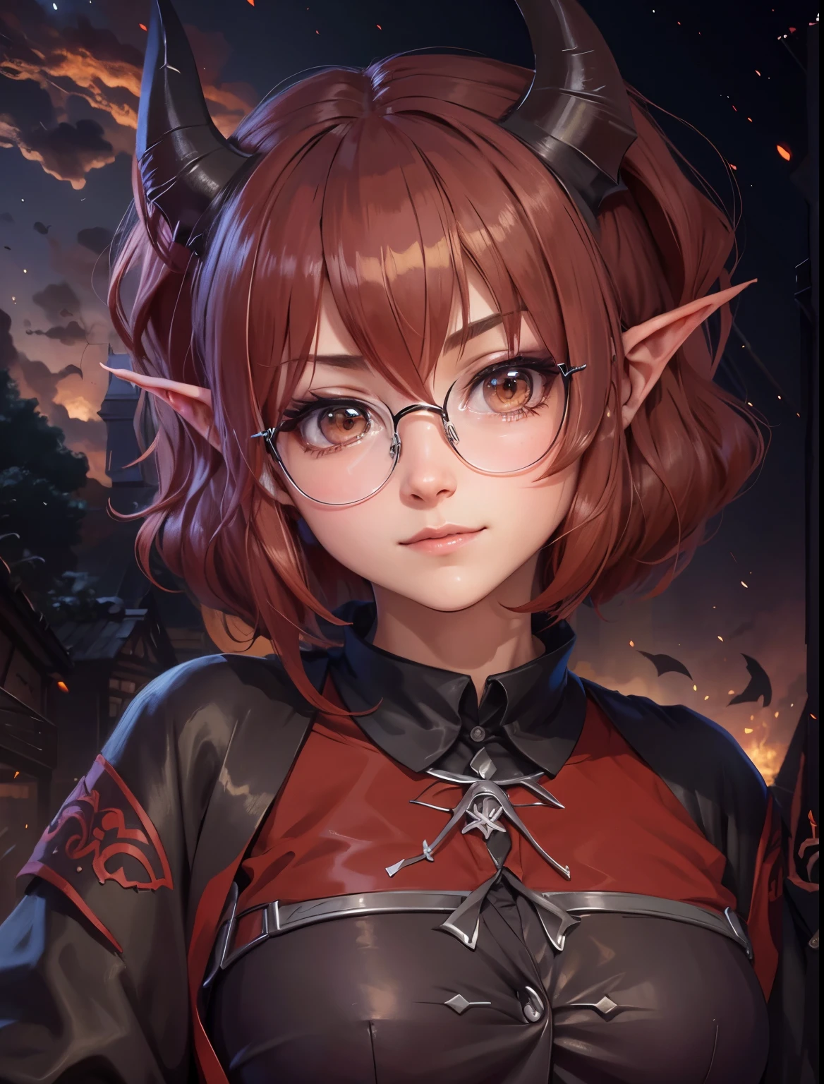 a cute redhair anime girl, lovely face, beautiful, short hair , pointy elf ears, horns, demon girl, round glasses, best quality, anime, cute, cheecks, 4k
