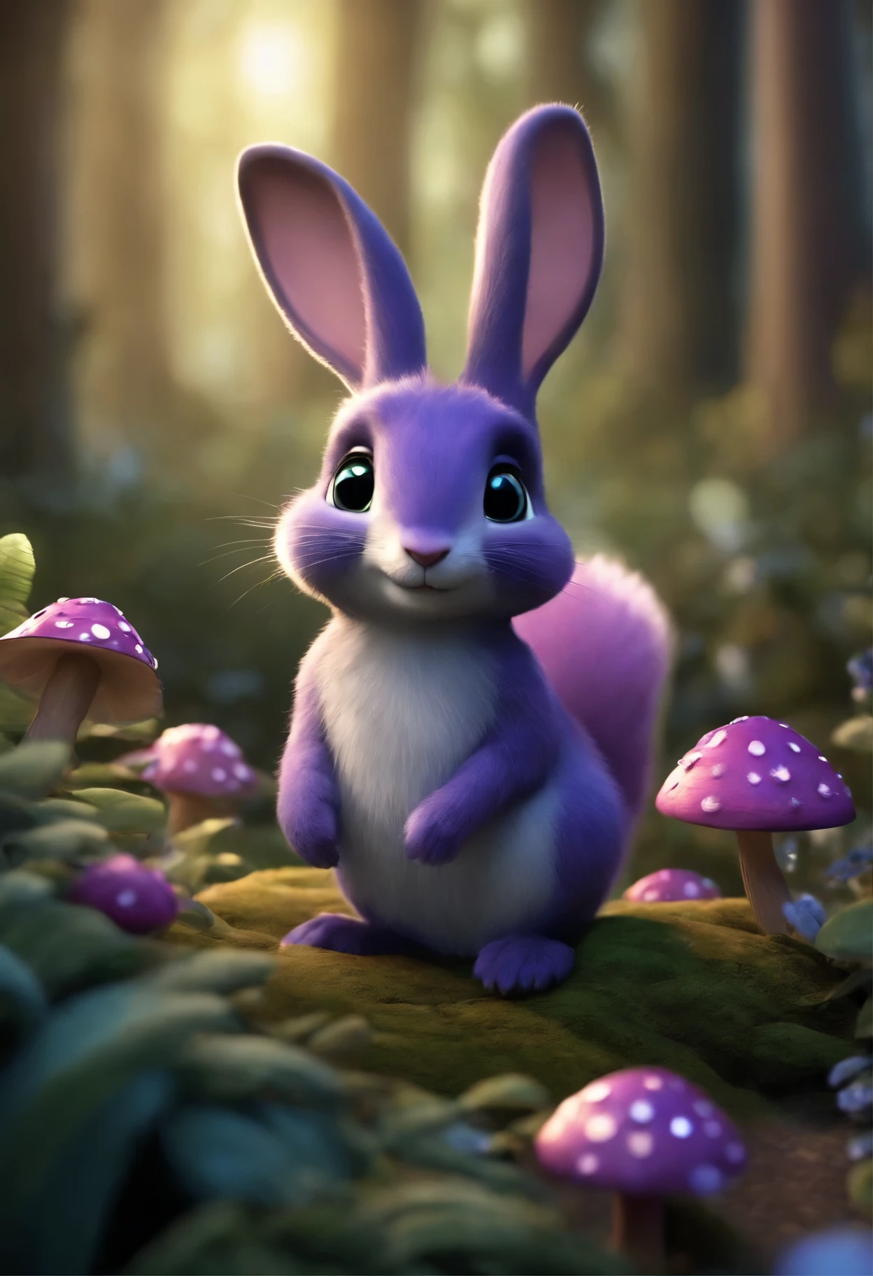 3D animation of a small, round, fluffy creature with big, expressive eyes explores a vibrant, enchanted forest. The creature, a whimsical blend of a rabbit and a squirrel, has soft blue fur and a bushy, striped tail. It hops along a sparkling stream, its eyes wide with wonder. The forest is alive with magical elements: flowers that glow and change colors, trees with leaves in shades of purple and silver, and small floating lights that resemble fireflies. The creature stops to interact playfully with a group of tiny, fairy-like beings dancing around a mushroom ring. The creature looks up in awe at a large, glowing tree that seems to be the heart of the forest.