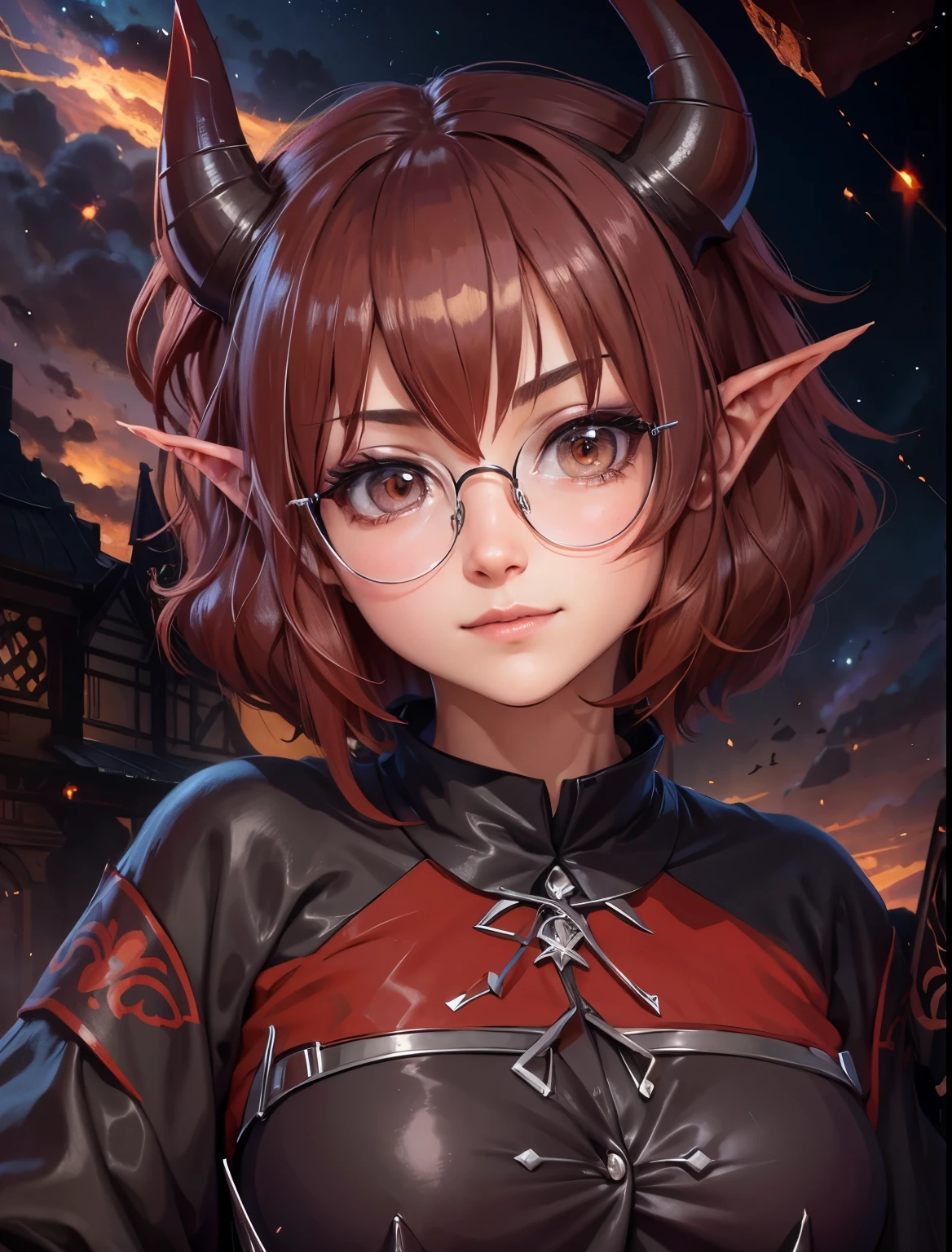 a cute redhair anime girl, lovely face, beautiful, short hair , pointy elf ears, horns, demon girl, round glasses, best quality, anime, cute, cheecks,  4k