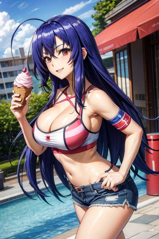 kurokami medaka, red eyes, blue hair, long hair, Ahoge, big breasts, Pink tunic, denim shorts, city, cleavage, looking at the viewer, grin and laugh,munch on ice cream,
