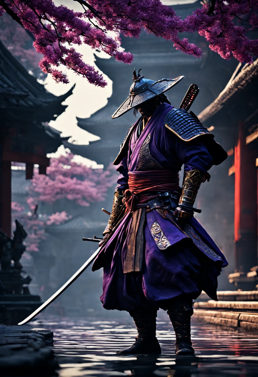 Badass Samurai intricate details, HDR, beautifully shot, hyperrealistic, sharp focus, megapixels, perfect composition, high contrast, cinematic, atmospheric, moody 8k resolution concept art by Greg Rutkowski dynamic lighting hyperdetailed intricately detailed Splash art trending on Artstation triadic colors Unreal Engine 5 volumetric lighting Alphonse Mucha WLOP, a masterpiece, 8k resolution, dark fantasy concept art, by Greg Rutkowski, dynamic lighting, hyperdetailed, intricately detailed, Splash screen art, trending on Artstation, deep color, Unreal Engine, volumetric lighting, Alphonse Mucha, Jordan Grimmer, purple and yellow complementary colours