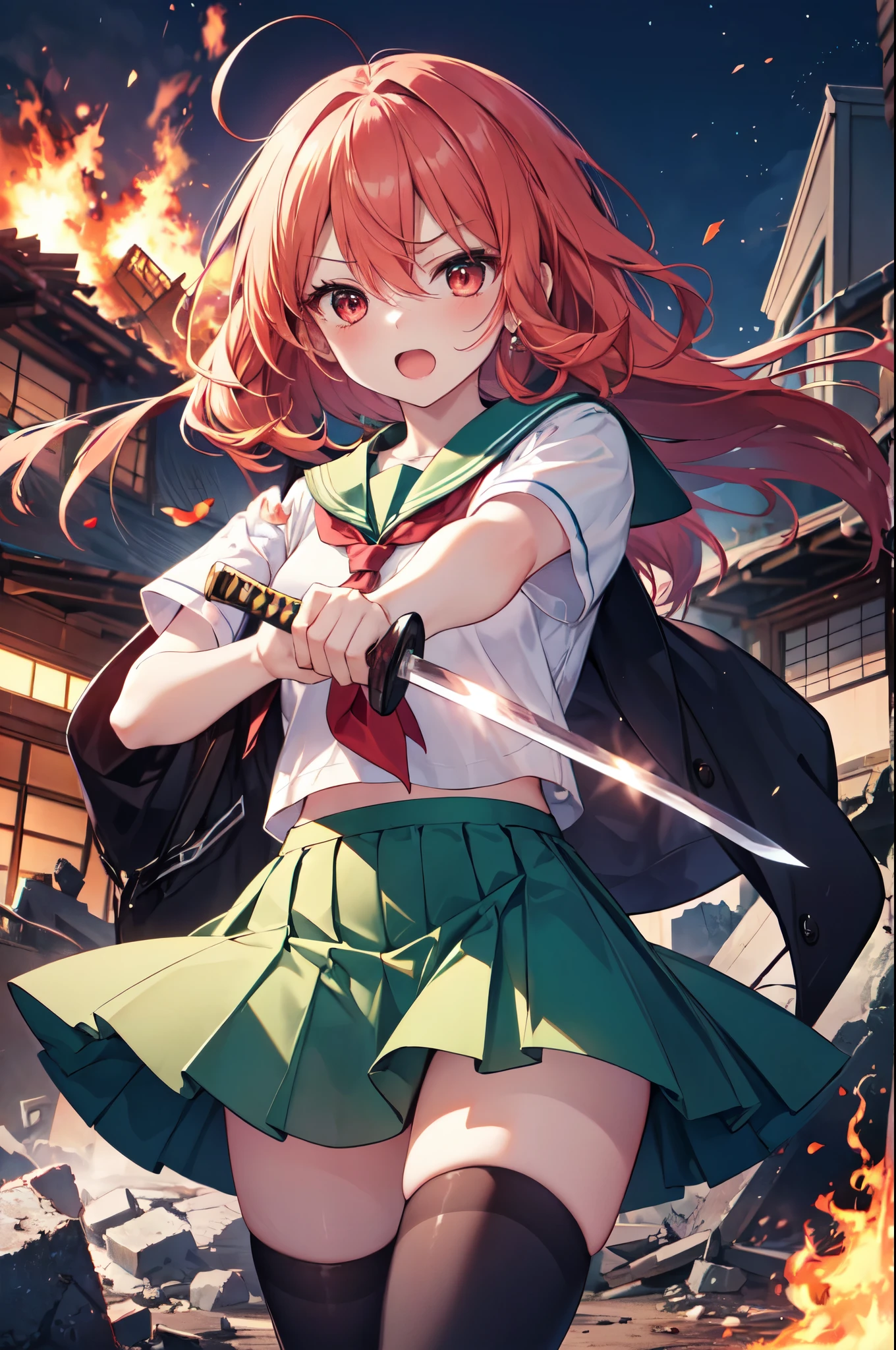 1 girl, cowboy shot, rubble ruins, anger, (battle preparation:1.2), open your mouth, (night:1.2), explosive inflammation,shana, red eyes, redhead, very long hair, hair between eyes, (Ahoge:1.1), , school uniform, serafuku, white shirt, short sleeve, green skirt, Thighhighs, black rider suit,In his left hand he holds a Japanese sword wrapped in flames.,highest quality, masterpiece, High resolution, 