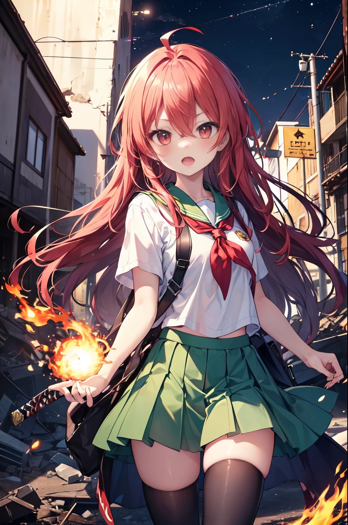 1 girl, cowboy shot, rubble ruins, anger, (battle preparation:1.2), open your mouth, (night:1.2), explosive inflammation,shana, red eyes, redhead, very long hair, hair between eyes, (Ahoge:1.1), , school uniform, serafuku, white shirt, short sleeve, green skirt, Thighhighs, black rider suit,In his left hand he holds a Japanese sword wrapped in flames.,highest quality, masterpiece, High resolution, 