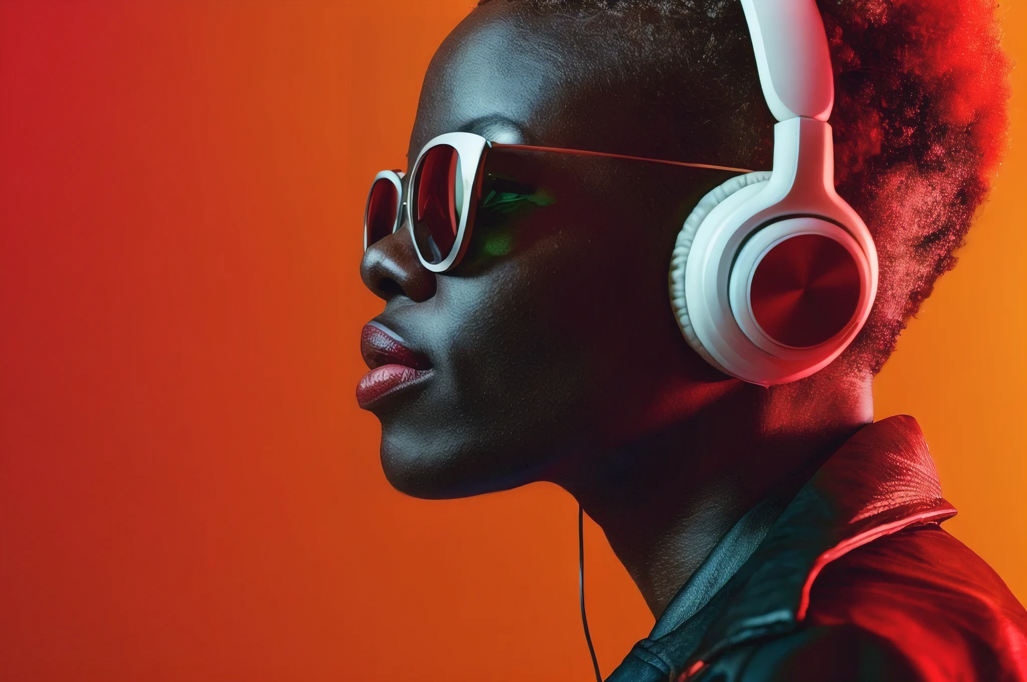 Detailed and realistic portrait of an african american woman wearing headphones and sunglasses, short hair, pop-culture-infused, candid celebrity shots, afro-caribbean influence, bright and bold, half profile photo, skin texture, soft natural lighting, 85mm lens, magical photography, photo realism, ultra-detailed, unicolor background, Cinestill 800T