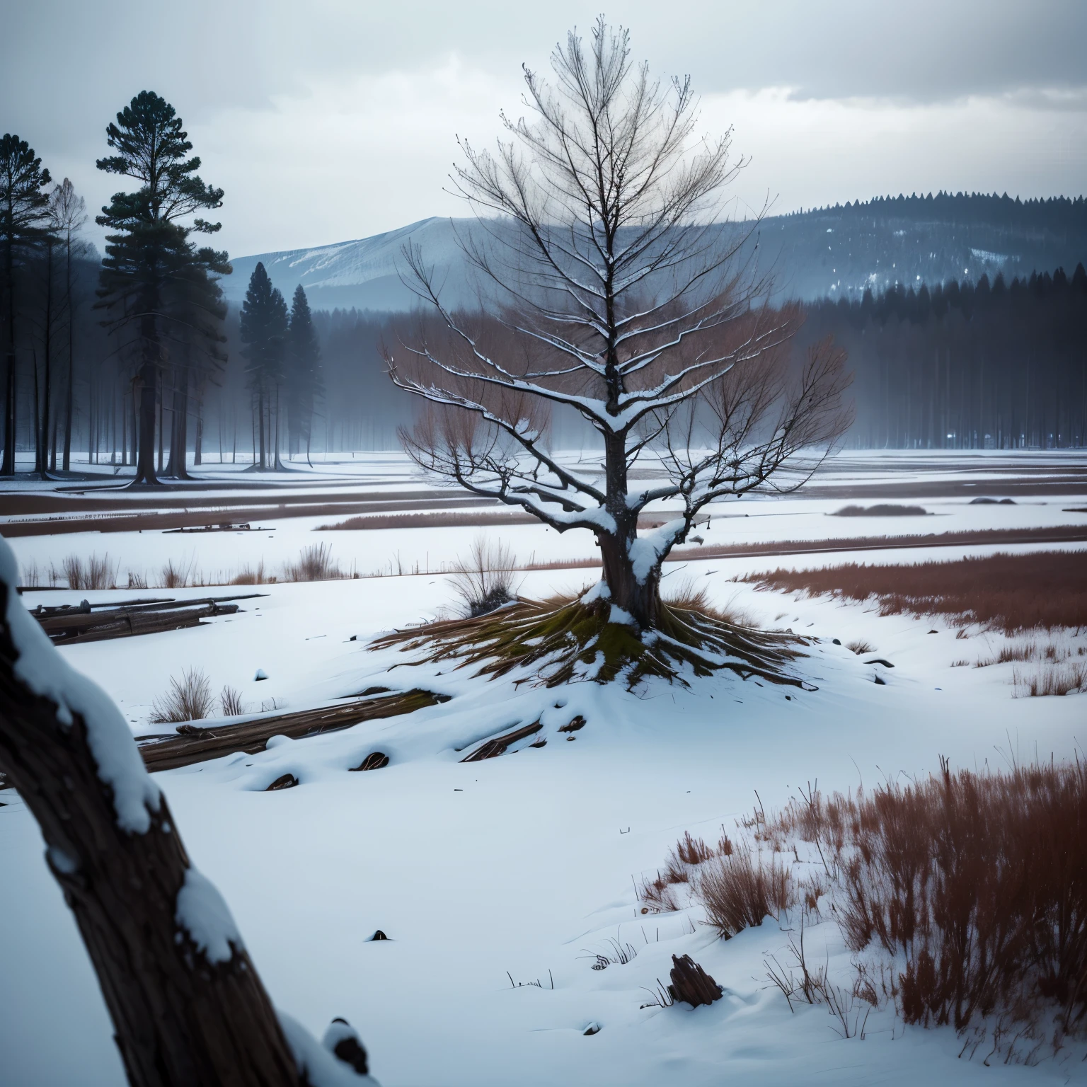 A snowy landscape where dead trees and mourning trees emerge from the pure earth.