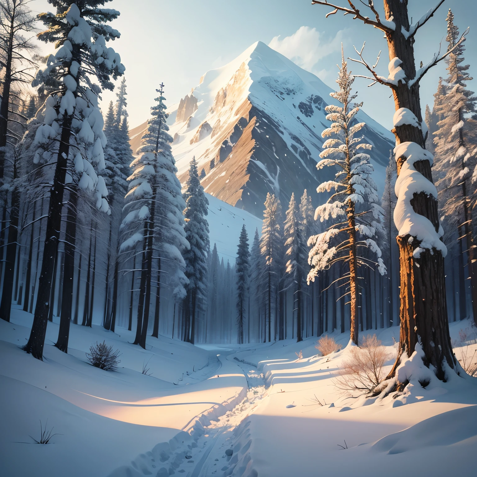 A snowy landscape where dead trees and mourning trees emerge from the pure earth.