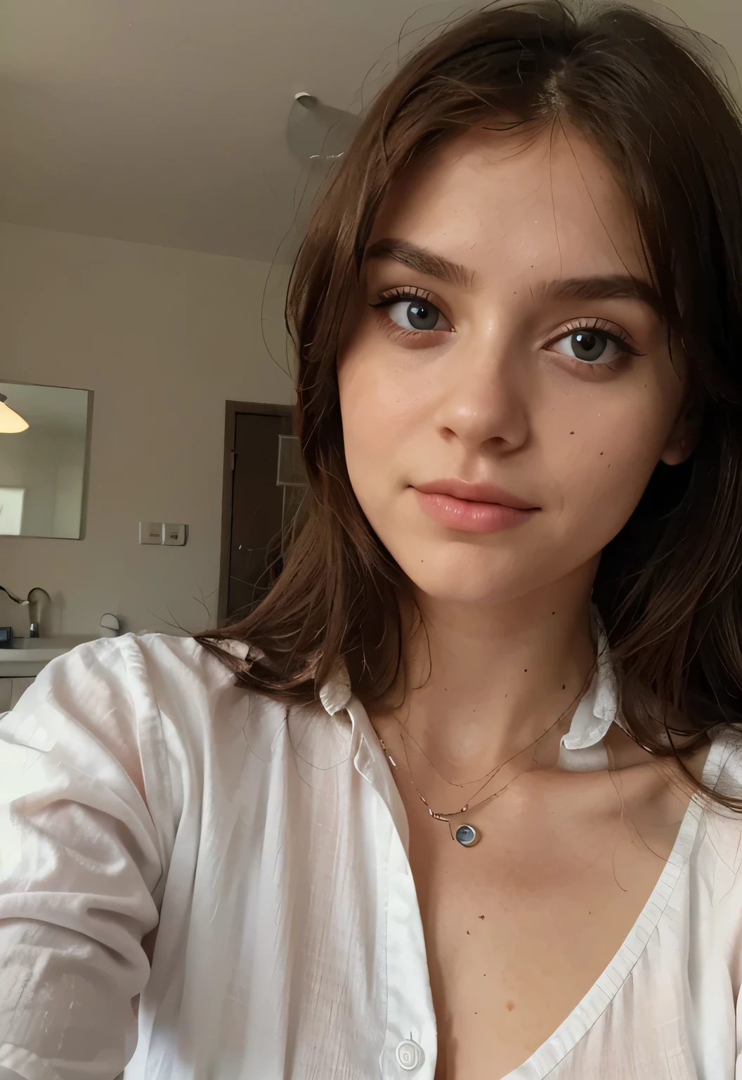 a woman wearing a white top, The busts are clearly visible, 8K-Selfie-Foto, soft portrait shot 8K, 2 4 Jahre altes weibliches Model, Selfie direkt im Winkel aufgenommen, direkt in die Kamera schauen, Sie steht vor der Kamera, 19 year old girl, brown hair and big eyes, perfektes Gesicht )