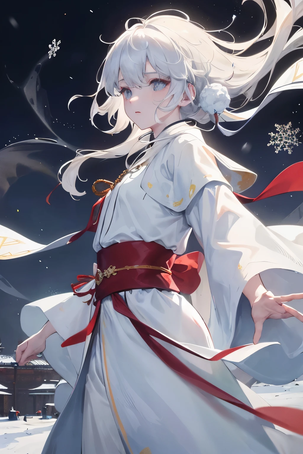 Amidst the tranquil winter scene, the back of a monk is depicted outside the grandeur of the Forbidden City. His white robe, belted with a sash, starkly contrasts against the dense backdrop of snowflakes, softly cascading from the heavens. The sky above is a canvas of white, each snowflake unique in its six-pointed form, gently twirling in their descent. The monk's serene expression reflects the stillness of the moment, cloaked in the unspoken wisdom of his devotion. The pristine beauty of the snow and the ancient aura of the Forbidden City collide, creating a magical and captivating atmosphere