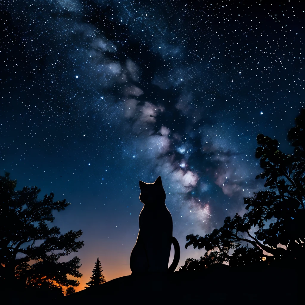 In the heart of the octans constellation, a captivating scene unfolds as the night sky takes center stage. The backdrop is painted with a sprawling canvas of stars, their brilliant radiance illuminating the darkness in mesmerizing fashion. The tranquility of the scenery is interrupted by the lone figure of a cat, perched atop a tree branch with an unobstructed view of the starry expanse.
The milky way stretches across the sky, a celestial river of stars, while the silent clouds gently drift, maintaining the balance between the earthly and cosmic realms. Beneath the cat's watchful eyes, a solitary building stands