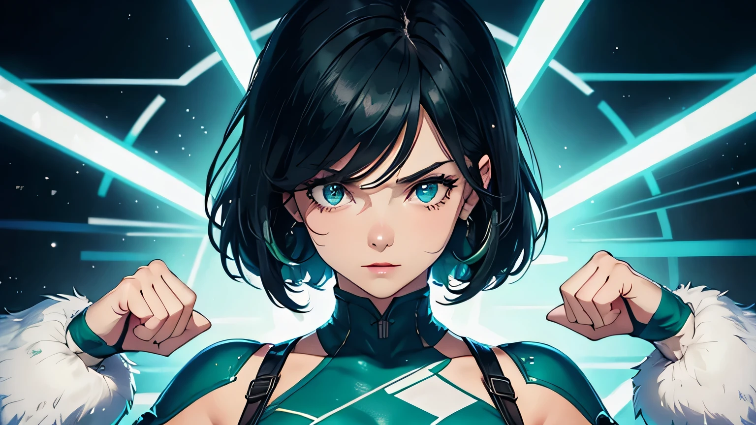 4K, A high resolution, Best quality at best, masterpiece, perfect colors, perfect shadow, perfect litthing, ((sportrait)), 1woman, fit body, heterochromia eyes,dark blue hair , blue eyes, With round lenses, The audience watched carefully, (s face: 1.2), Perfect female figure, ((standing dynamic pose)), ((greenTight crop top, half breast open, greenleather suit)), ((shy and looking at viewert)), (Perfect thick white eyebrows) Delicate fur, 详细s face, s the perfect face, , (retro arcade game background), ((Bonifasko lighting)), (The round lenses on his eyes)(detailed eyes), (Face close up), Perfect student,