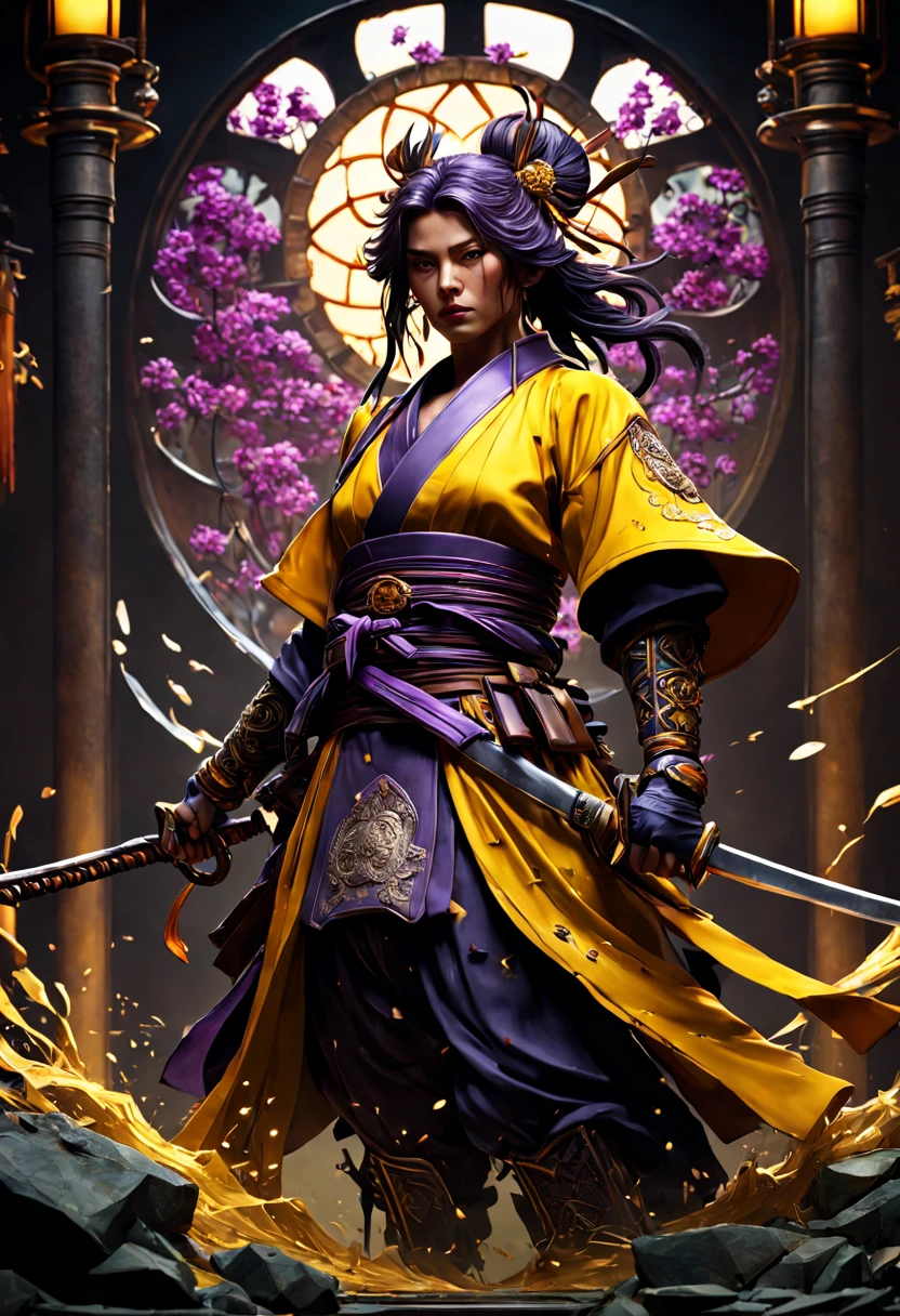 Badass Samurai intricate details, HDR, beautifully shot, hyperrealistic, sharp focus,  megapixels, perfect composition, high contrast, cinematic, atmospheric, moody 8k resolution concept art by Greg Rutkowski dynamic lighting hyperdetailed intricately detailed Splash art trending on Artstation triadic colors Unreal Engine 5 volumetric lighting Alphonse Mucha WLOP, a masterpiece, 8k resolution, dark fantasy concept art, by Greg Rutkowski, dynamic lighting, hyperdetailed, intricately detailed, Splash screen art, trending on Artstation, deep color, Unreal Engine, volumetric lighting, Alphonse Mucha, Jordan Grimmer, purple and yellow complementary colours