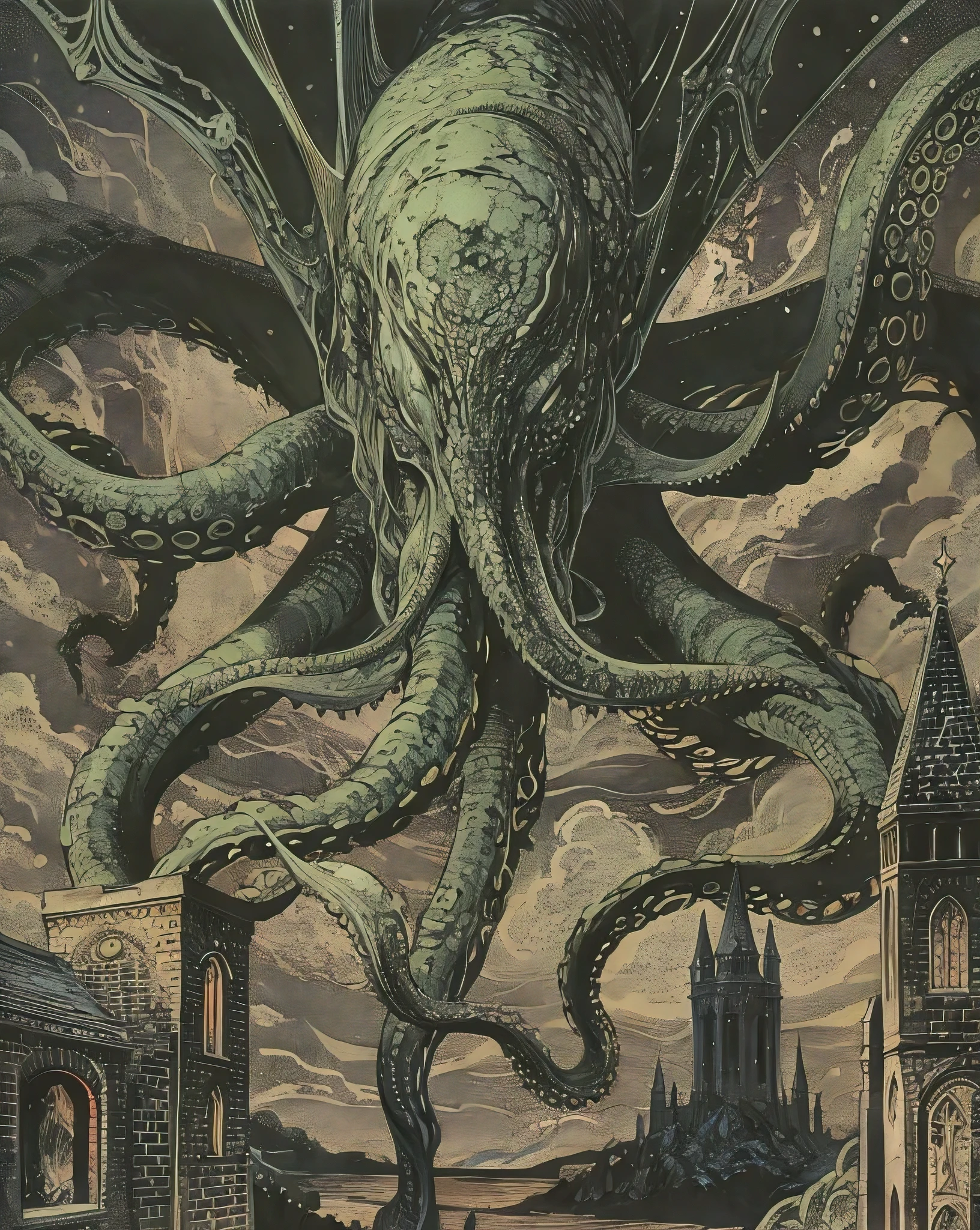 dynamic random scenes from Lovecraft's cosmic horror story history of the Necronomicon and Cthulhu Mythos, vintage colored illustration in the style of Giger