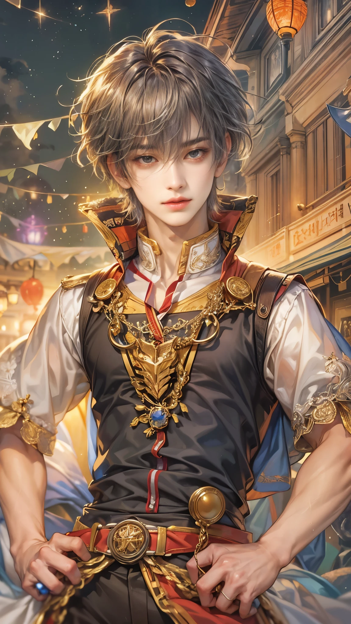 (absurdres, highres, ultra detailed, HDR), masterpiece, intricate details, best quality close-up picture of a character from Ragnarok Online, a character with handsome looks, korean face, obsidian hair, short hair, anime yellow eyes, matured teen, marquess outfit showing chest, crop top, detailed town of prontera background, festive scenery, detailed character, art kenouji